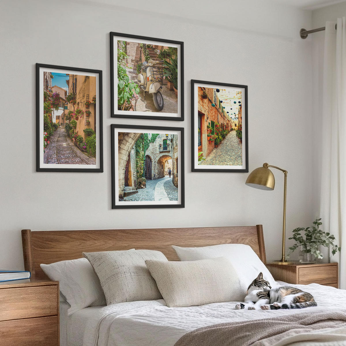 BILDER SET 4er Set - 50x50 cm & 40x60 cm Schwarzer Rahmen - Charmante italienische Straßen und Blumen - Schwarz, Kunststoff (50/50cm) - TULUP