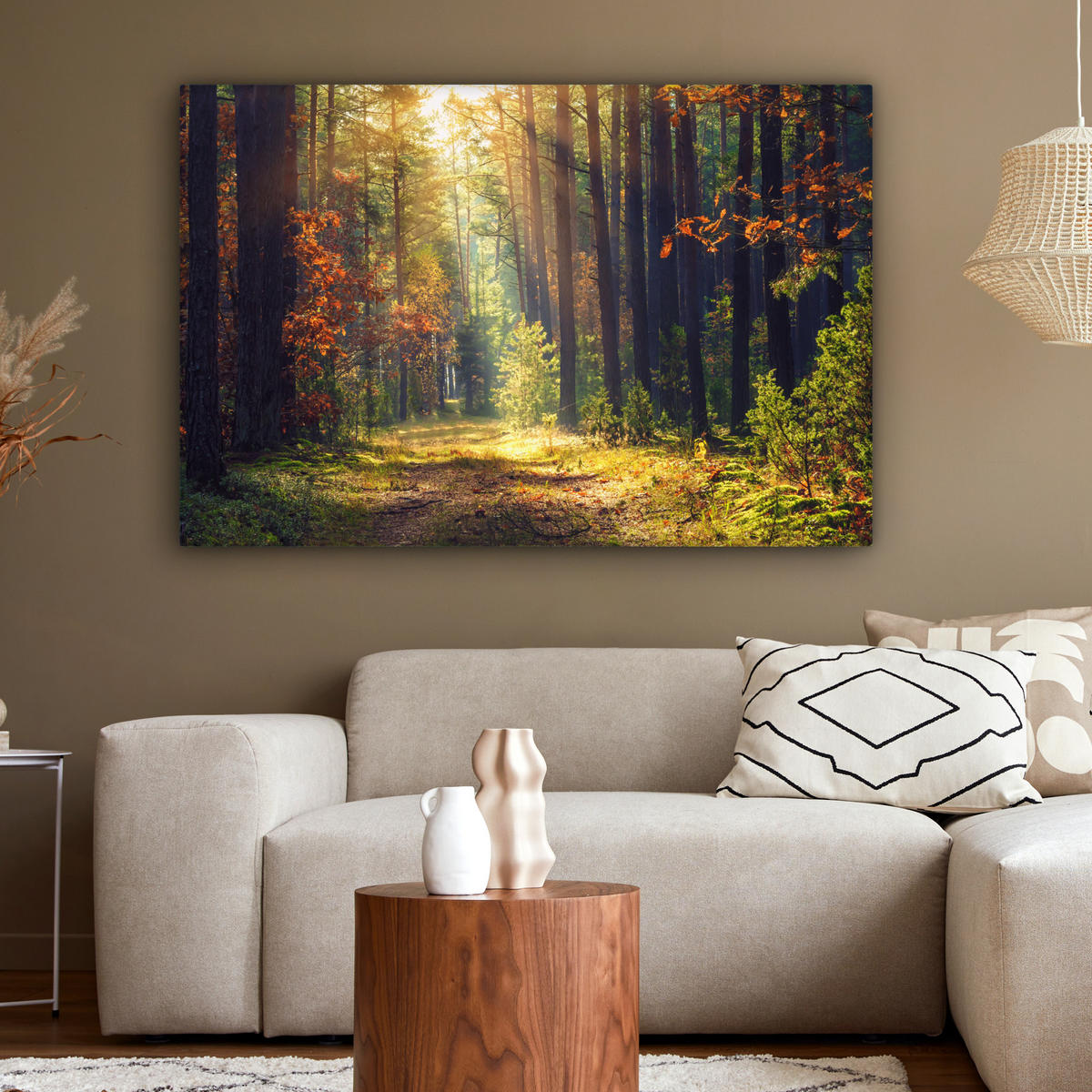 LEINWANDBILD Wald - Herbst - Bäume Wohnzimmer 120x80 cm - Dunkelgrün, Textil (120/80cm) - MuchoWow
