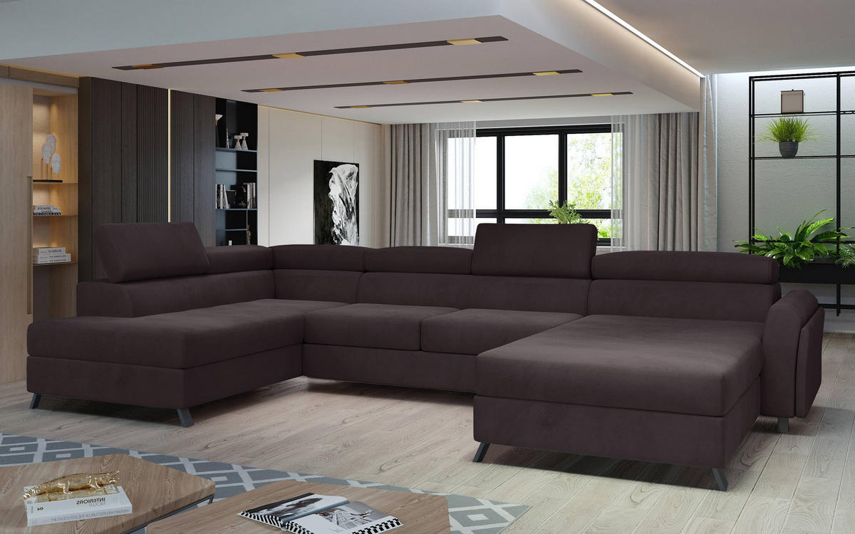 WOHNLANDSCHAFT mit Schlaffunktion und Bettkasten - Dunkelbraun/Schwarz, Textil/Metall (370/98/200cm) - Eltap