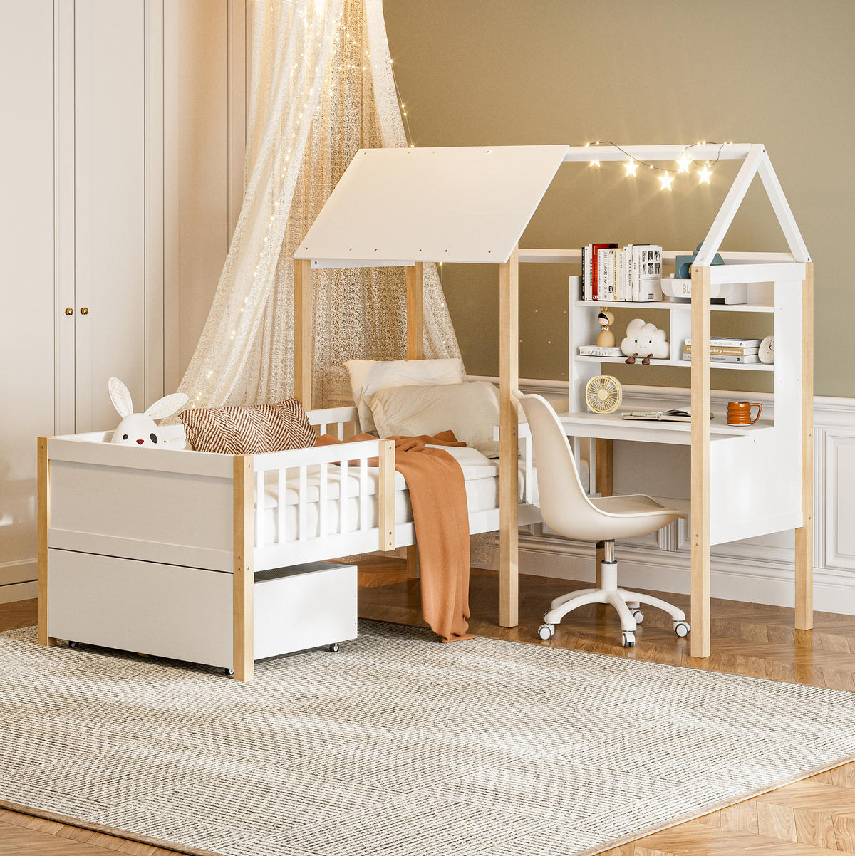 HAUSBETT 90/200 cm in Weiß – mit Schreibtisch, Regal und Rausfallschutz - Weiß, Holz (90/200cm) - BEAOK