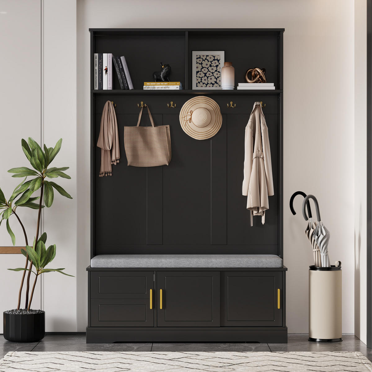 GARDEROBE 120/40/191 cm schwarz aus Spanplatte mit Sitzbank, Schuhregal und 6 Haken - Schwarz, Holzwerkstoff (120/191/40cm) - OKWISH