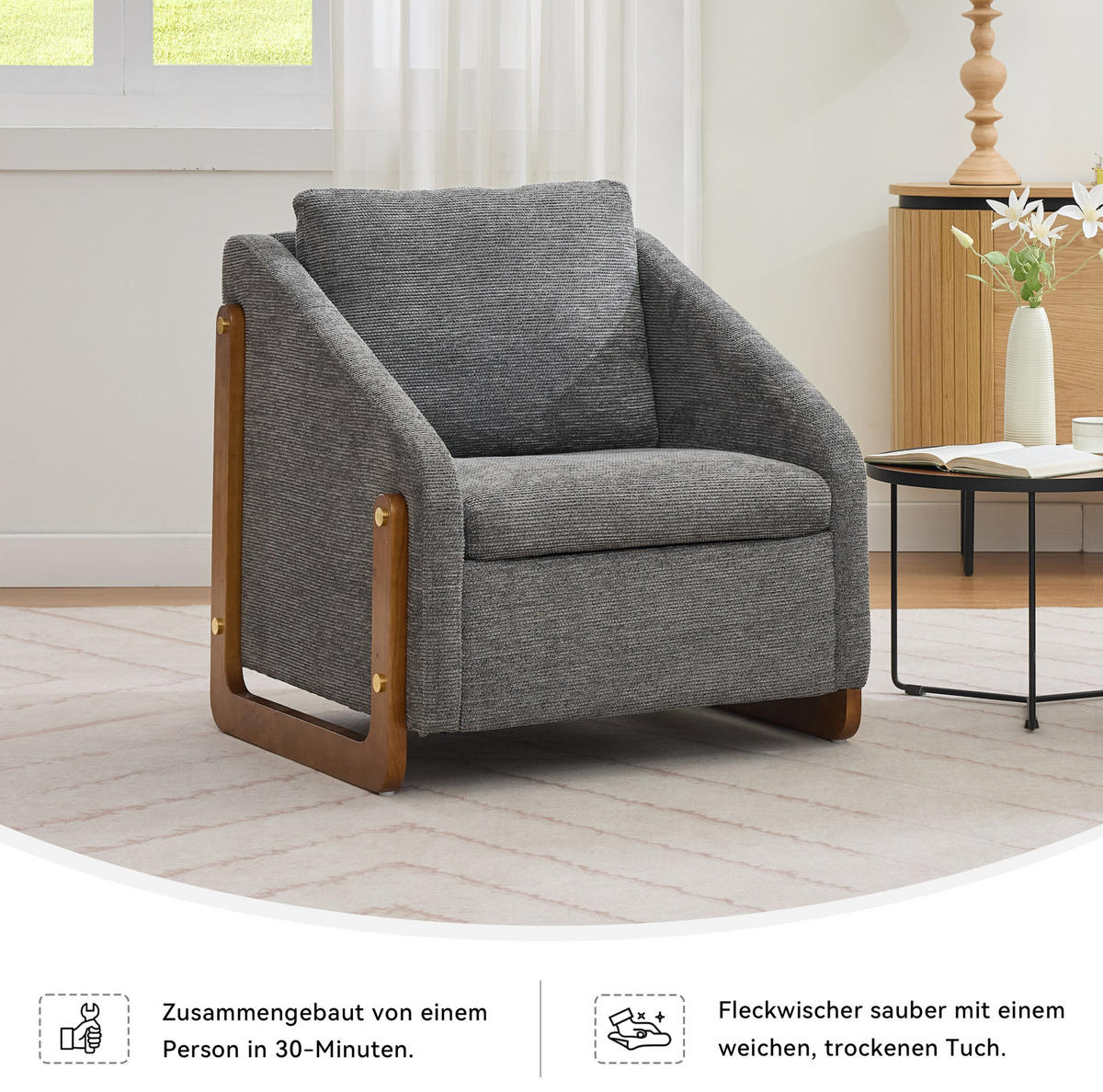 SESSEL mit Chenillebezug und Holzarmlehnen 73.5/73.5/73.5 cm Grau - Grau, Textil (73.5/73.5/73.5cm) - Redom