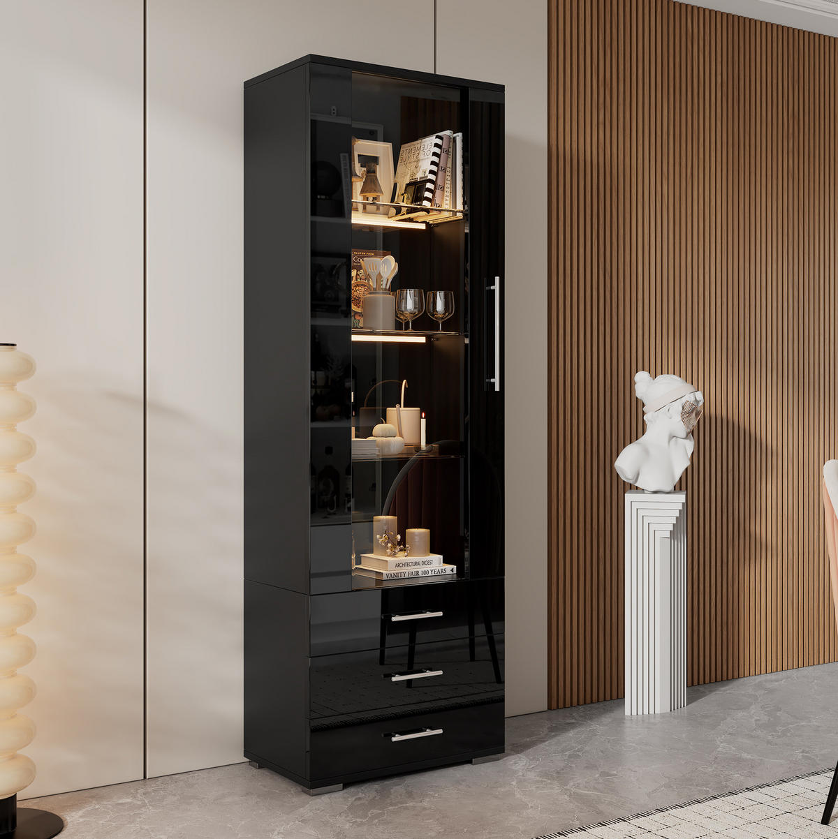 VITRINE 60/35/180 cm in Schwarz mit LED-Beleuchtung und 3 Schubladen - Schwarz, Holzwerkstoff (60/180/35cm) - Flora Grace