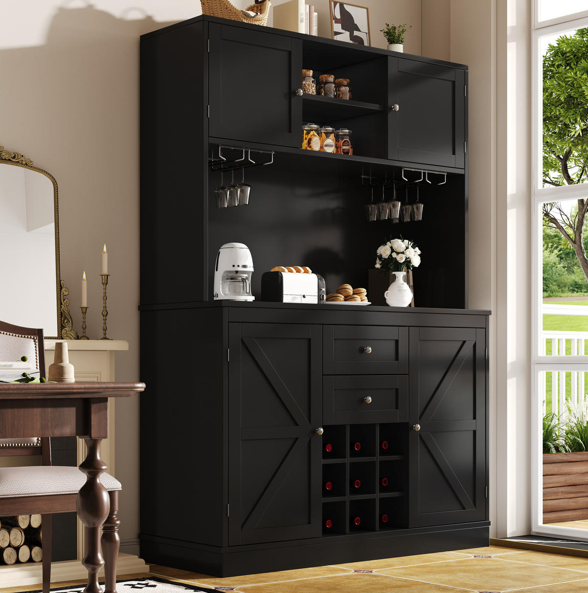 KÜCHENSCHRANK mit Weinregal 120 x 40 x 188 cm MDF Schwarz - Schwarz, Holzwerkstoff (40/188/120cm) - Meubliv