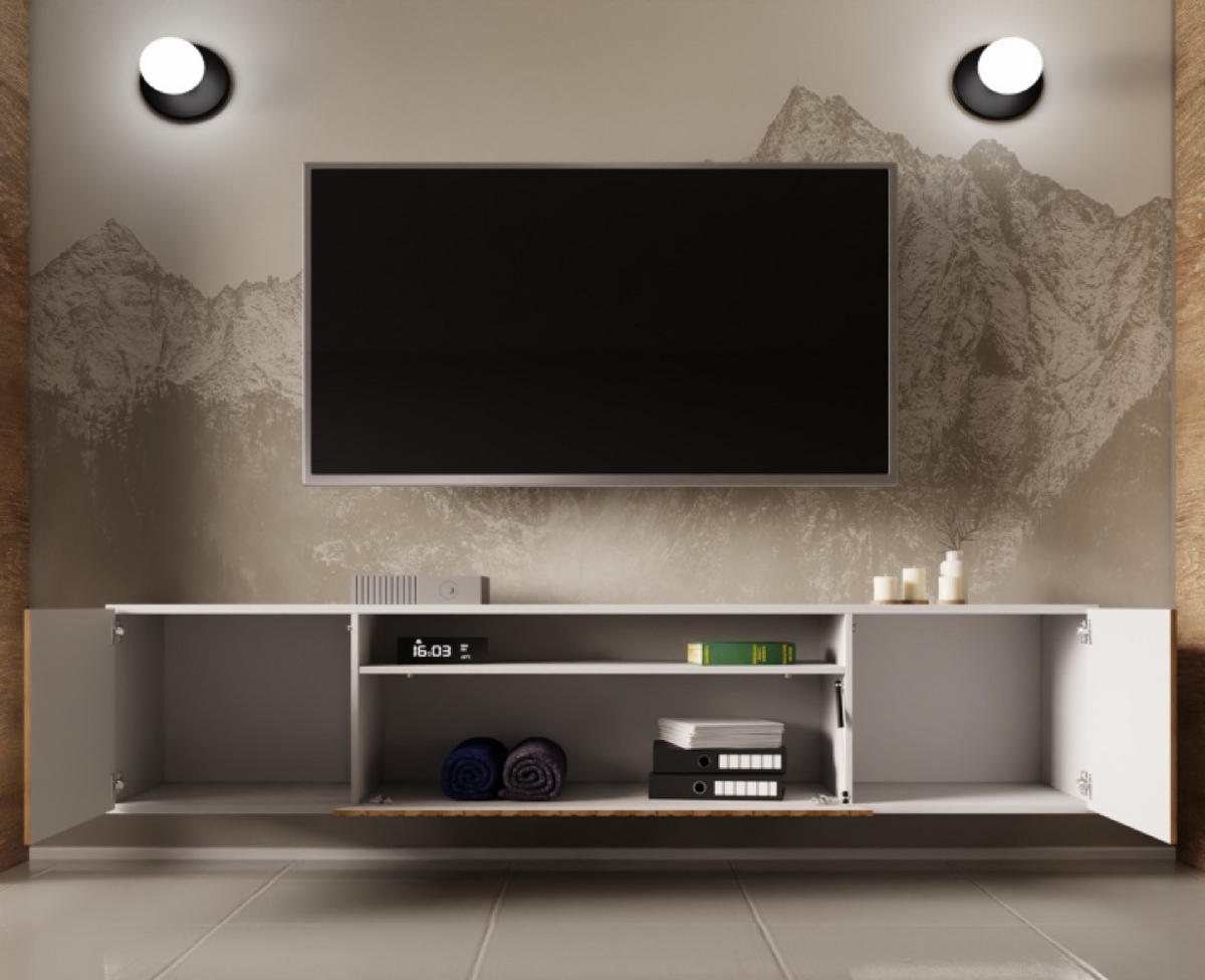 TV-SCHRANK Weiß Catania Eiche RIO Hängend Frezierte Fronten 200 cm - Weiß, Holzwerkstoff (200/40/41cm) - Sepro Meble