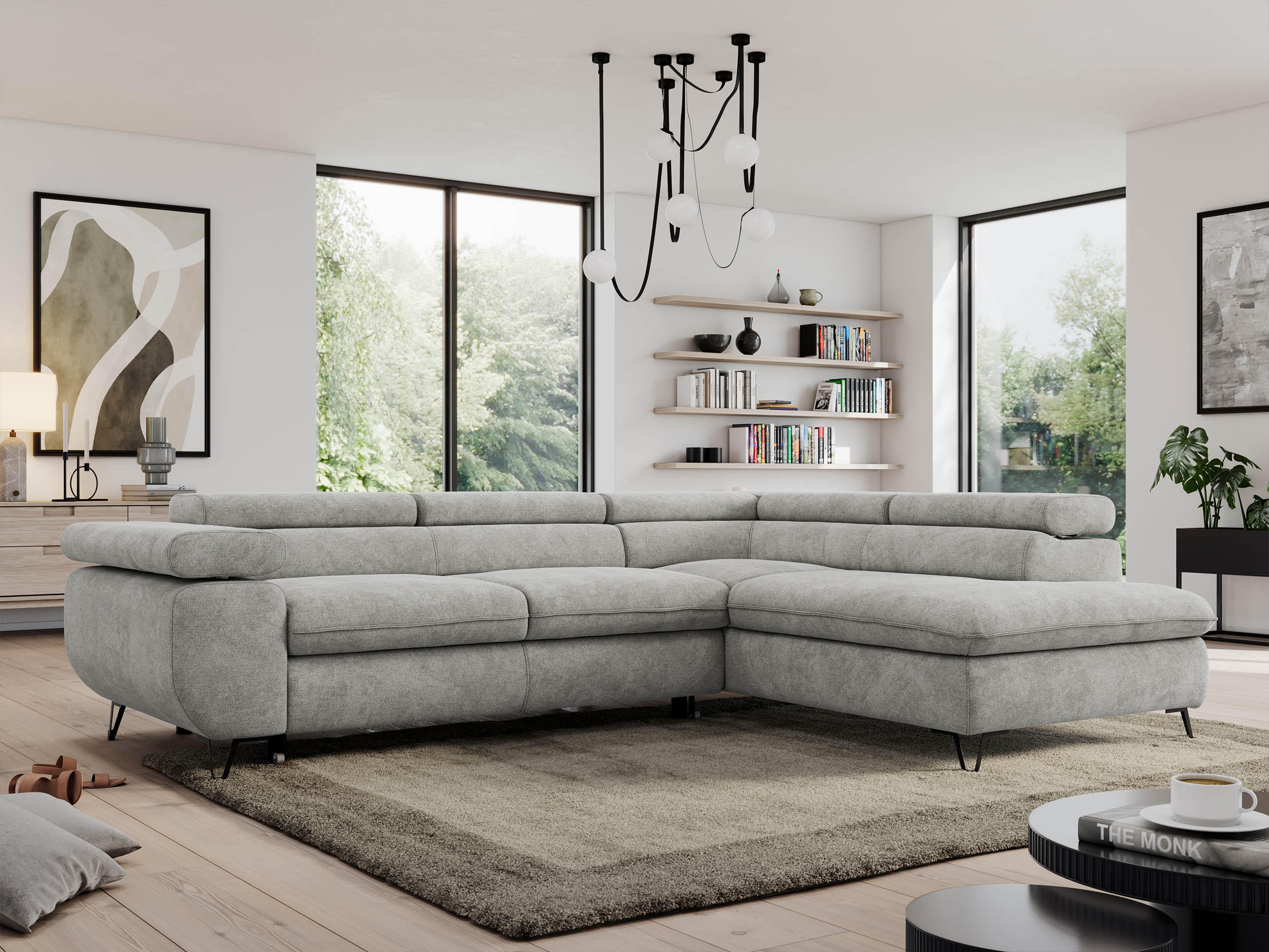 ECKSOFA PEDRO L Hellgrau Struktur - Rechts Seite - Hellgrau/Schwarz, Textil/Metall (273/208cm) - MKS