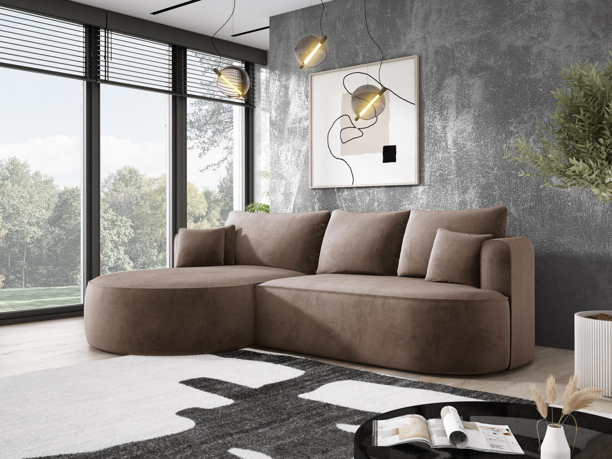 ECKSOFA FIORE L-förm Moderne Ausziehbare Schlaf-Funktion, automatischer Auffaltung, lose Rückenkissen freistehend LINKS 284x183x82cm Cappuccino - Cappuccino, Holz/Textil (183/284cm) - DomoHome