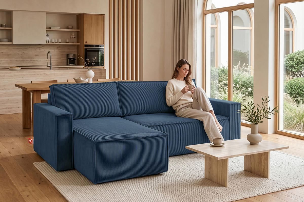 ECKSOFA-LINKS/RECHTS NAPI Schlaffunktion mit Cordbezug, blau - Blau/Schwarz, Textil (246/148cm) - KONSIMO®
