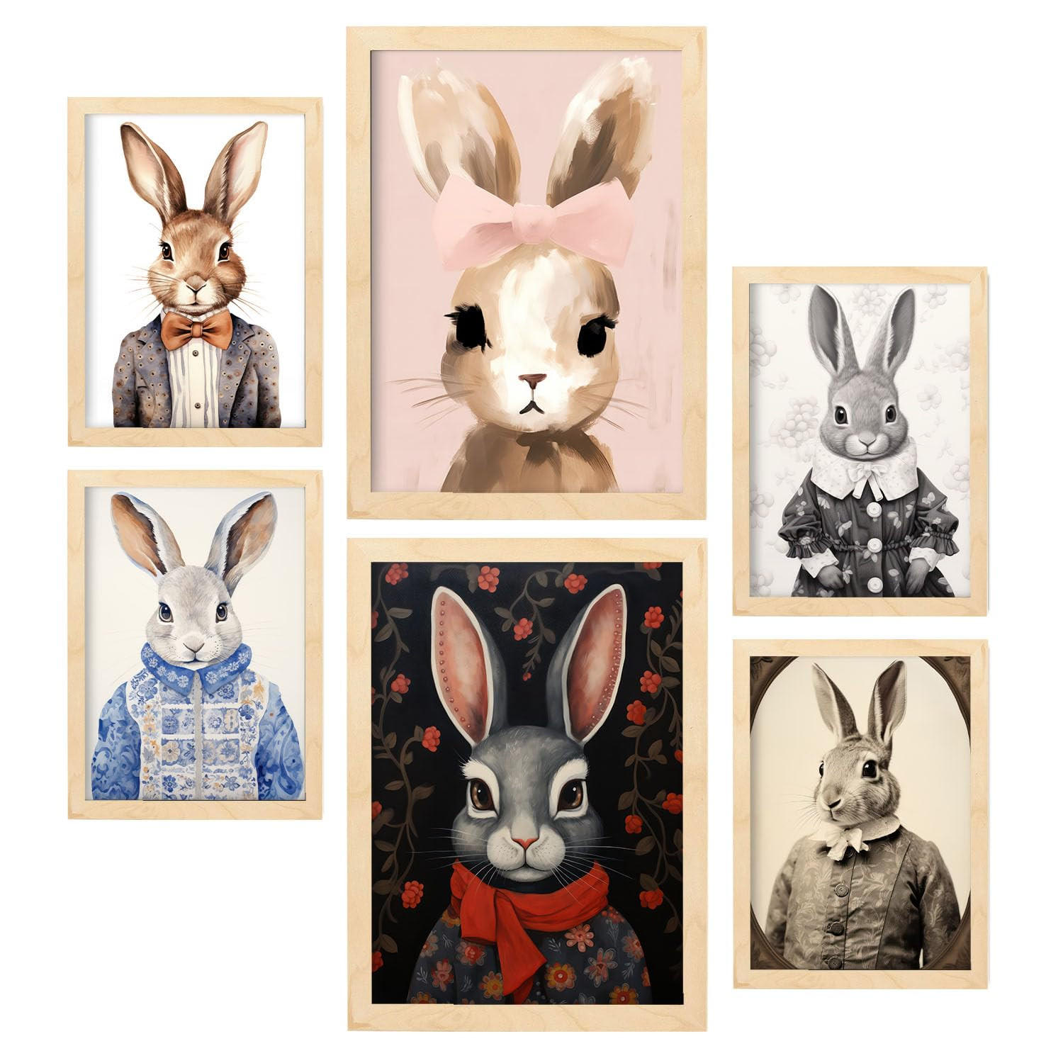 POSTER Set Mit 6 Kaninchen & Hasen A3 & A4 Rahmen Aus Hellem Holz - Beige, Papier (29/3cm) - Nacnic