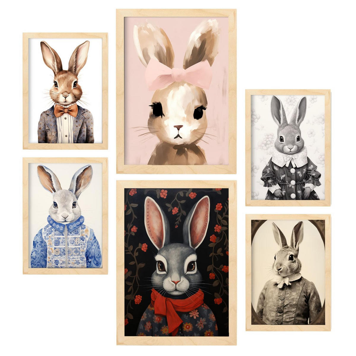 POSTER Set Mit 6 Kaninchen & Hasen A3 & A4 Rahmen Aus Hellem Holz - Beige, Papier (29/3cm) - Nacnic