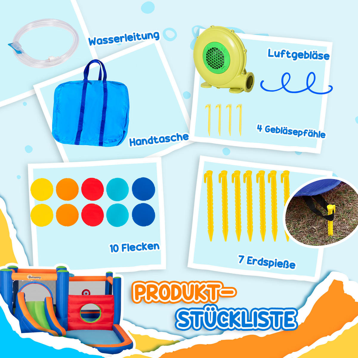 HÜPFBURG, Oxfordstoff, Mehrfarbig - Blau, Kunststoff (380/340/170cm) - Outsunny