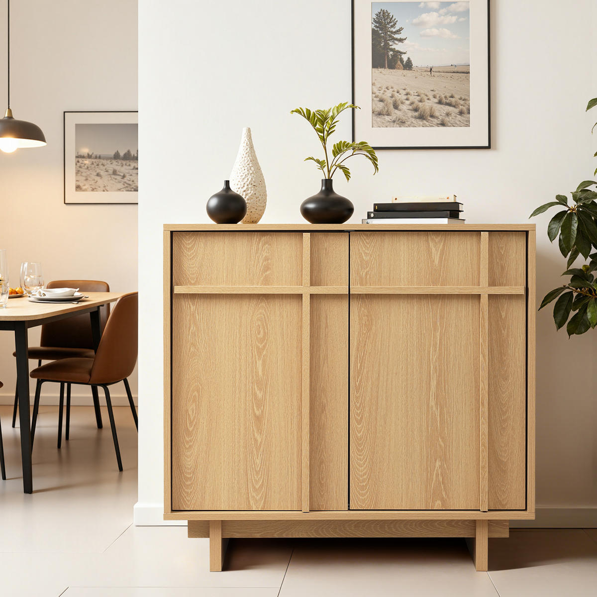 SIDEBOARD mit 2 Türen, Aufbewahrungsschrank in Eichenoptik mit geometrischer Holzleisten-Front| B80 x T40 x H77 cm - Braun, Holzwerkstoff (80/77/40cm) - Hometopia