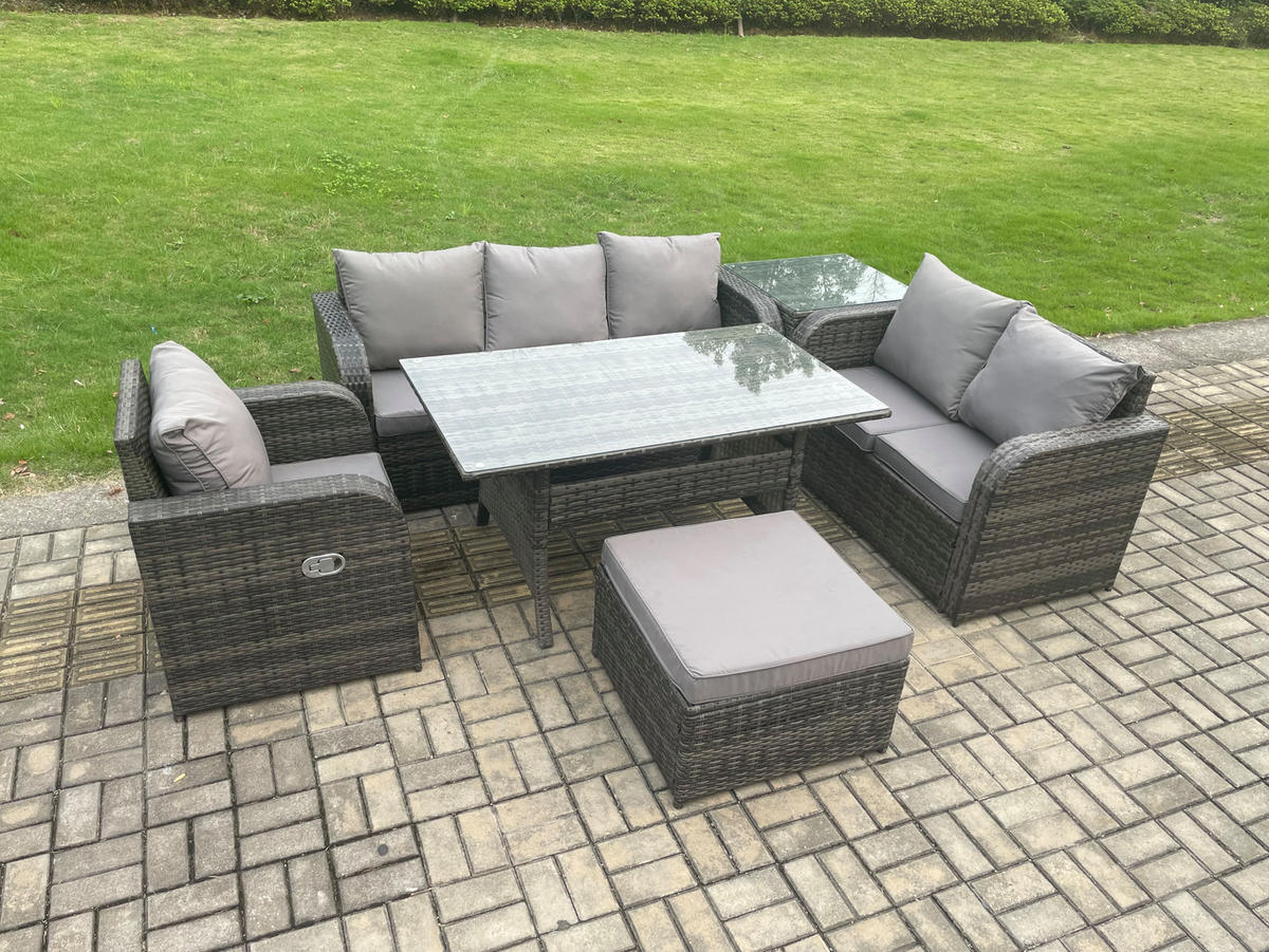 GARTENTISCHGRUPPE mit Liegestuhl,Hocker,Beistelltisch Polyrattan 7-Sitzer - Dunkelgrau/Grau, Glas/Kunststoff - Fimous