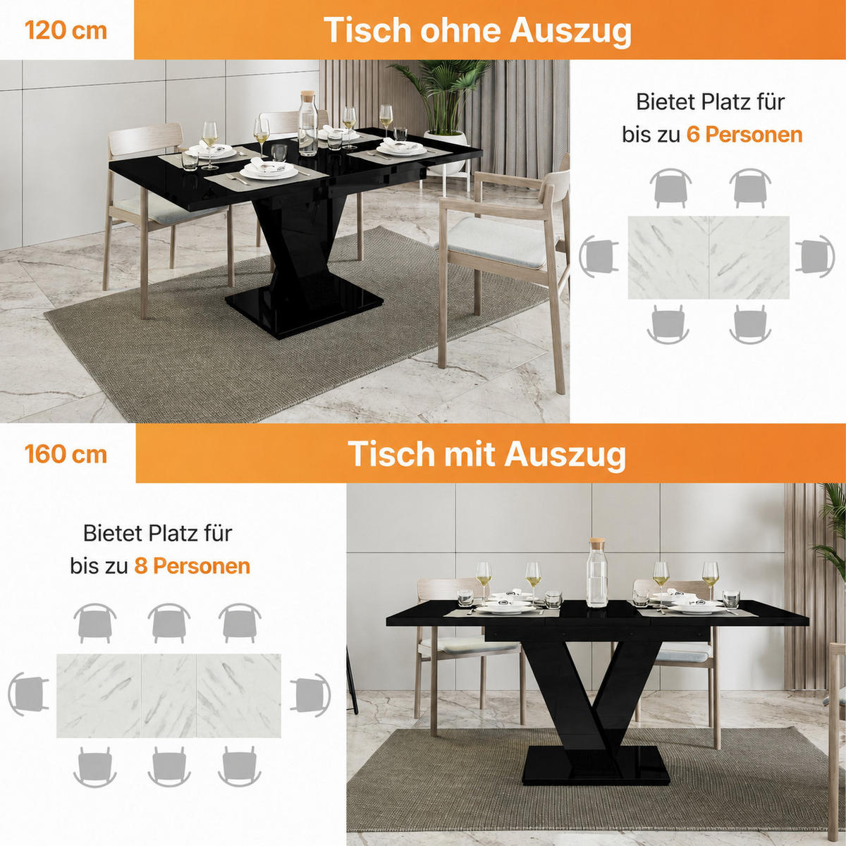 ESSTISCH Ausziehbar 120-160 cm Schwarz glänzend - Schwarz Hochglanz, Holzwerkstoff (160/80/75cm) - Home Collective