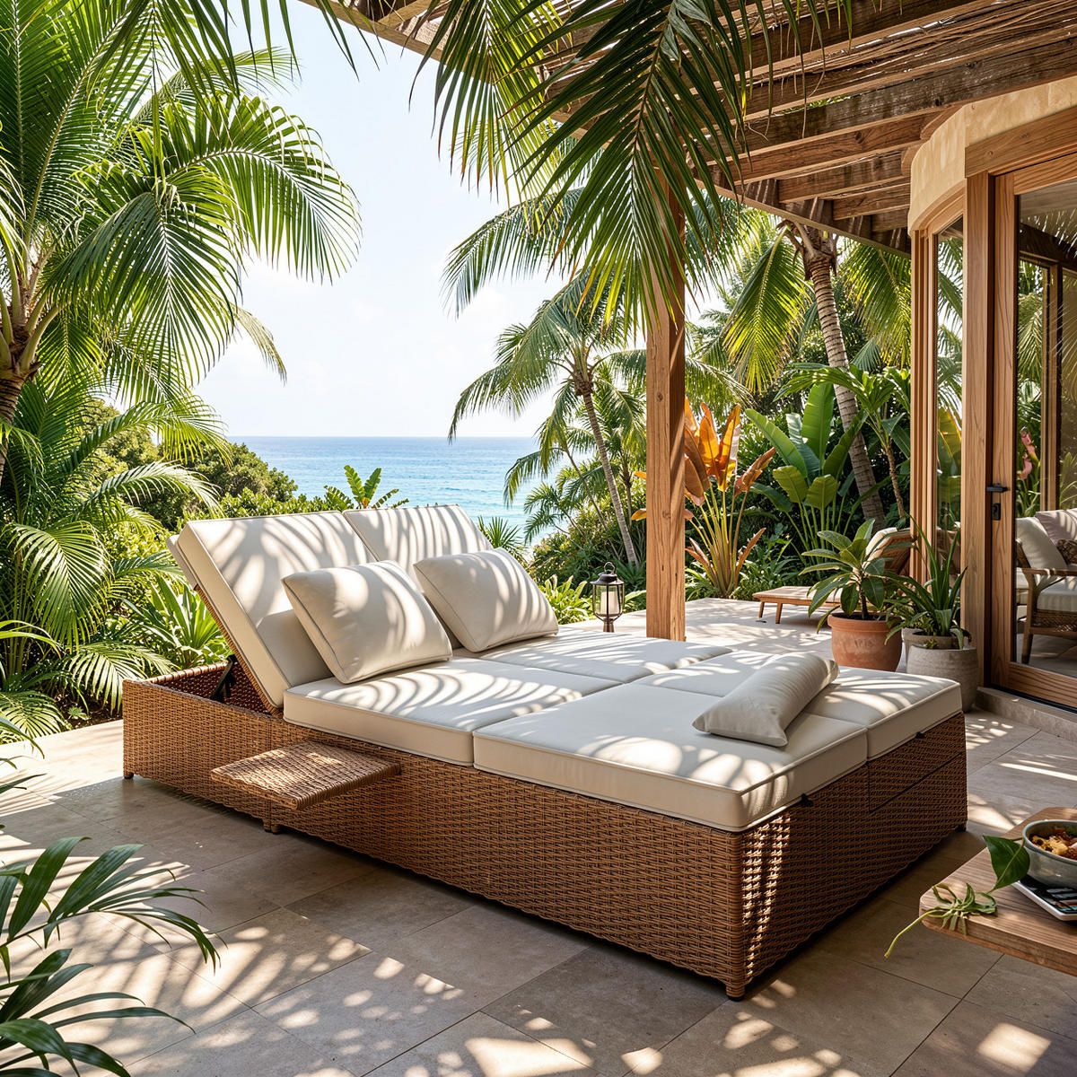 DOPPEL-SONNENLIEGE 199 cm Polyrattan Natur Gartenliege für 2 Personen mit verstellbarer Rückenlehne & Polster - Weiß, Metall (199/37/120cm) - Urban Meuble