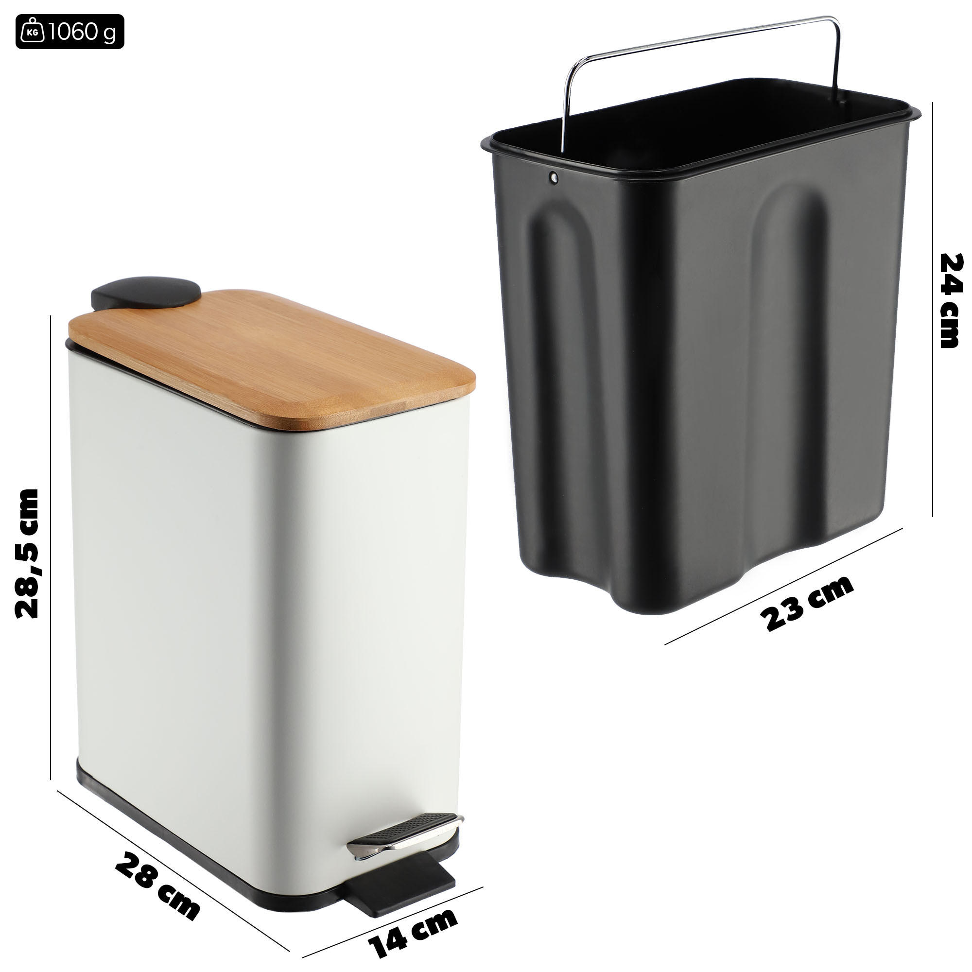 PAPIERKORB mit Bambusdeckel 5L, weiß - Weiß, Metall (14/28cm) - KADAX