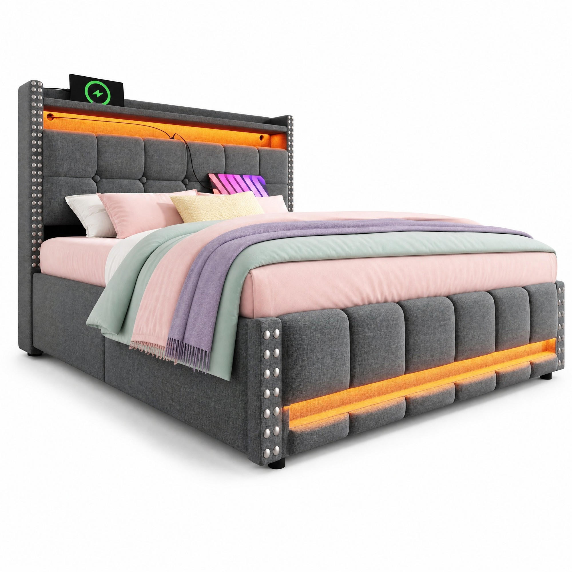 ČALOUNĚNÁ POSTEL 140/200 cm v šedé barvě s úložným prostorem, LED a USB - tmavě šedá, kov/kompozitní dřevo (140/200cm) - CHICFURN