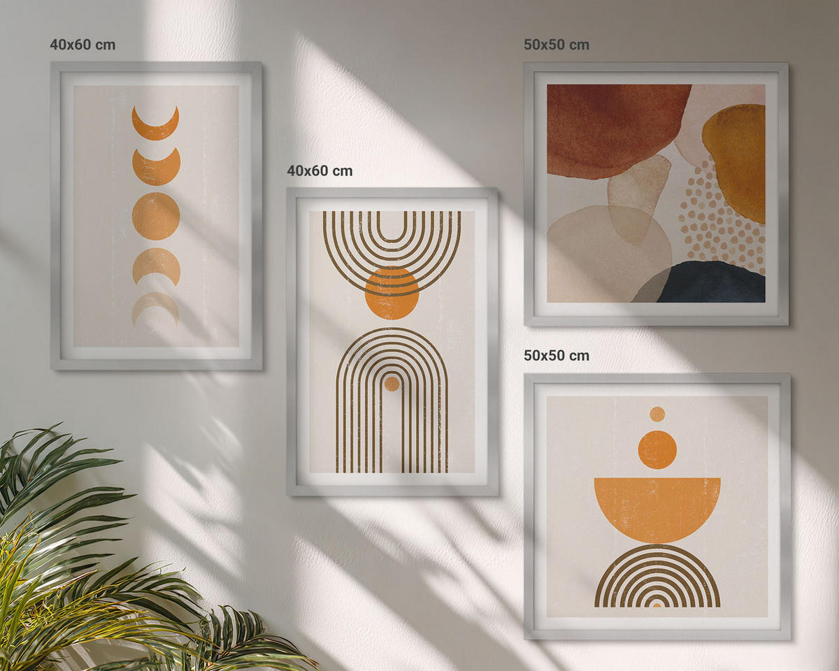 BILDER SET 4er Set - 50x50 cm & 40x60 cm Silberner Rahmen - Boho-minimalistische Dekorationen - Silberfarben, Kunststoff (50/50cm) - TULUP