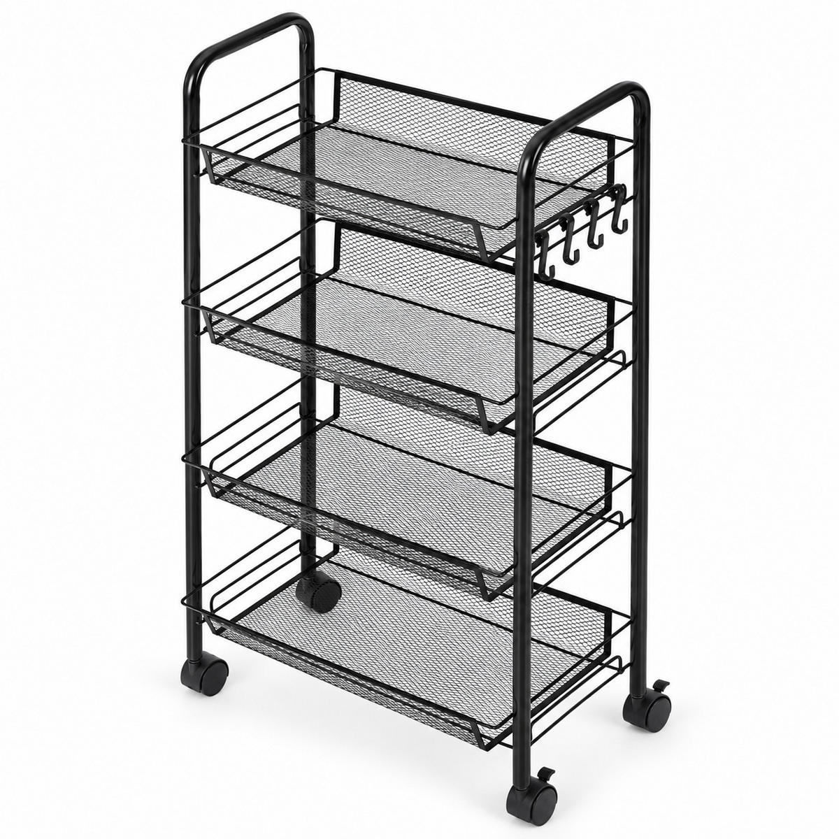 ROLLWAGEN Metall, 4 Ablagekörbe, 84 cm, Schwarz, mit Haken - Schwarz, Metall (45/84/26cm) - Mat-Haus