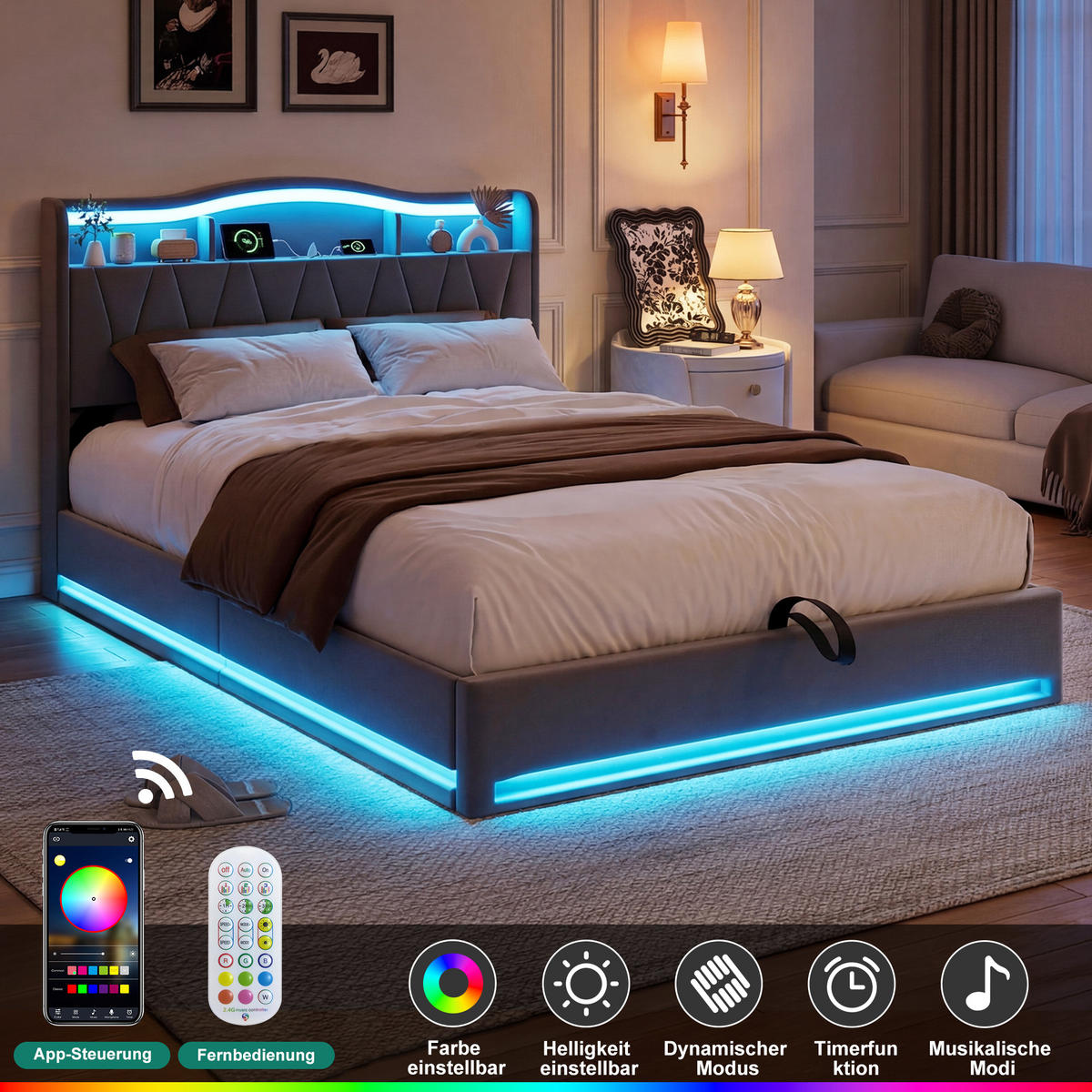 POLSTERBETT 160x200 cm mit Stauraum‑Kopfteil, Hydraulik‑Stauraum, LED und USB‑C Ladeanschlüsse, Velours‑Stoff, grau - Grau, Holz (160/200cm) - BRILVERDE