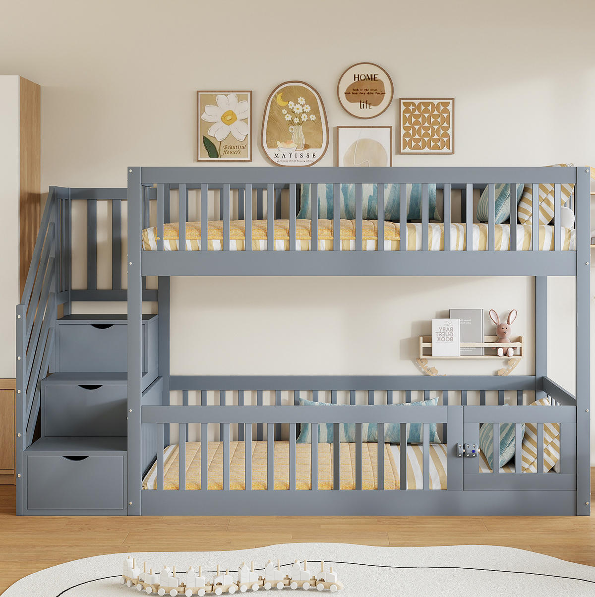 ETAGENBETT Massivholz 90x200 cm Grau mit Stauraumtreppe und Schubladen - Grau, Holz (90/200cm) - Modfu