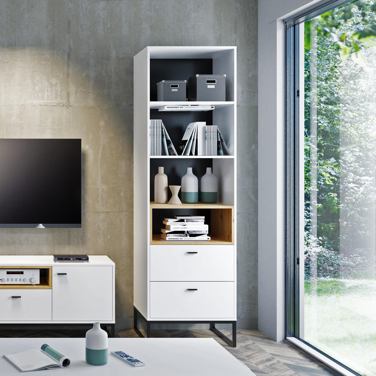 BÜCHERREGAL Randy 60/202/40 mit Schubladen - Schwarz/Weiß, Holzwerkstoff/Kunststoff (60/202/40cm) - Ravio