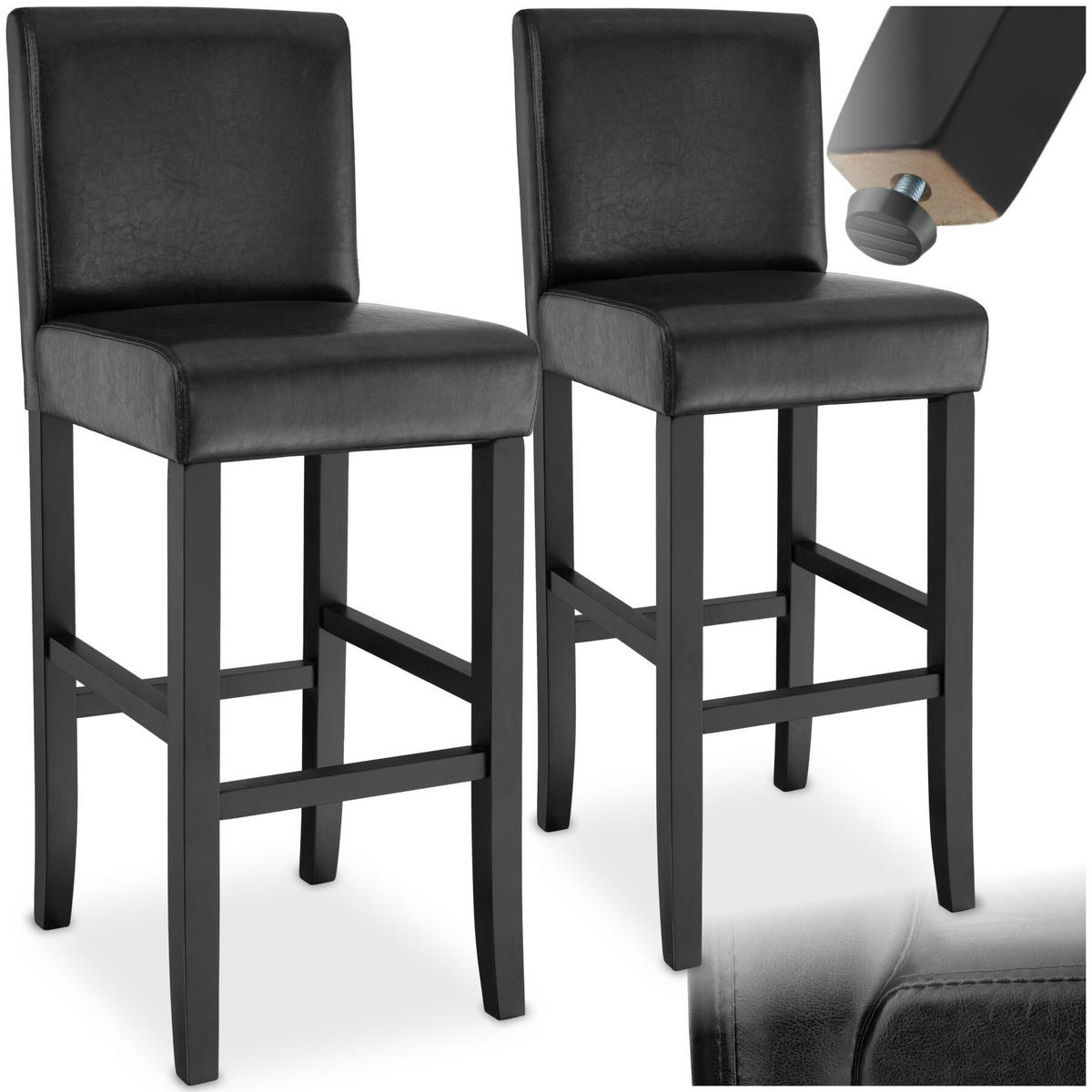 BARHOCKER 2er Set Kunstleder, Sitzhöhe 76 cm, antikbraun - Schwarz, Leder/Holz (40/107/41cm) - tectake