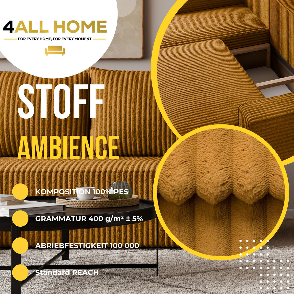 ECKSOFA Tobi mit Bettkasten und Schlaffunktion, L-Form, Cordstoff, Universal - Currygelb, Holzwerkstoff (246/145cm) - 4ALL HOME