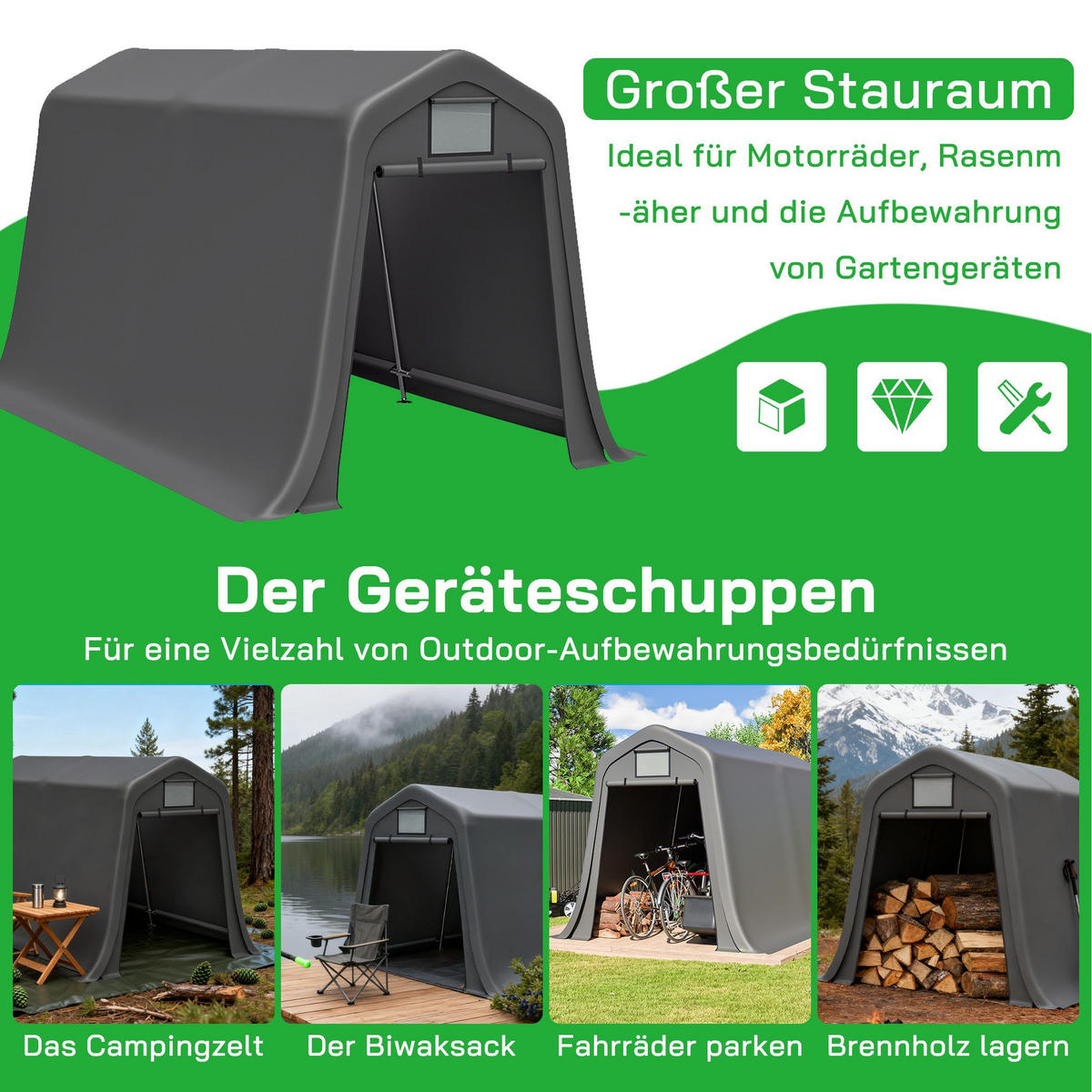 FAHRRADGARAGE, Reißverschlusstür Lagerzelt - Silberfarben, Metall (213/225/366cm) - Gisaae