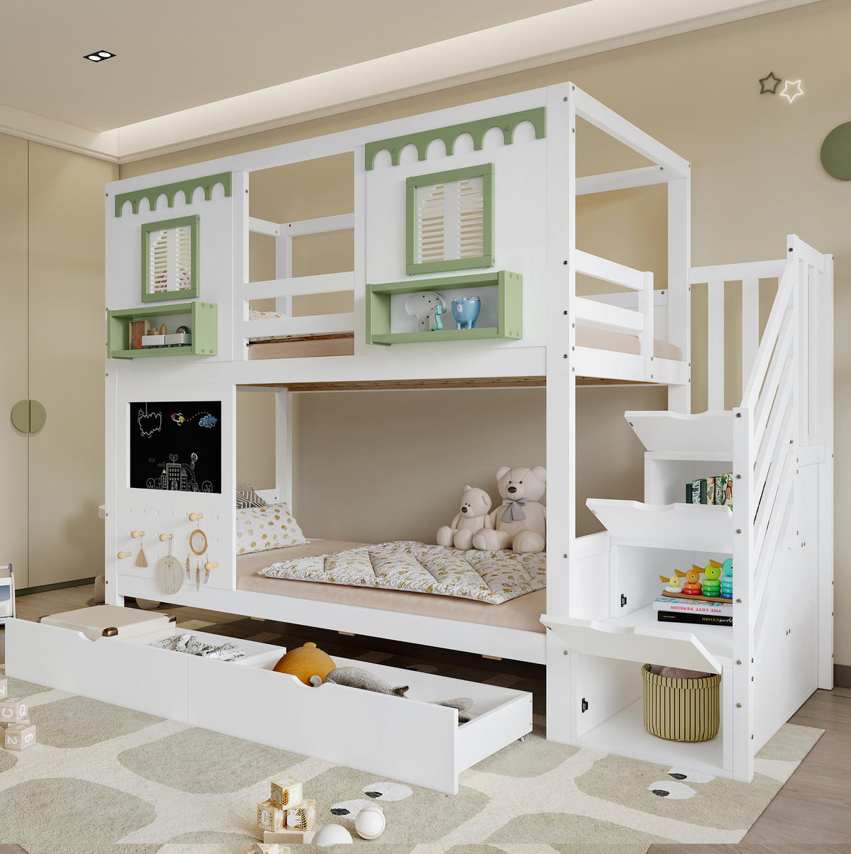 POSCHODOVÁ posteľ 90/200 cm bielo-zelená z masívu a MDF s úložnými schodmi a 2 zásuvkami - biela, drevo (90/200cm) - OKWISH