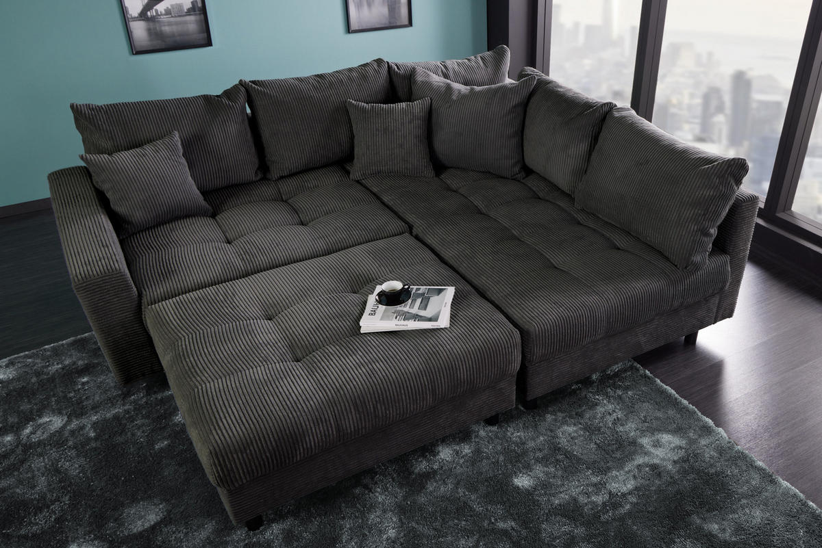 ECKSOFA KENT Cord Anthrazit 220 cm - Dunkelgrau/Schwarz, Kunststoff/Textil (220/190cm) - riess-ambiente