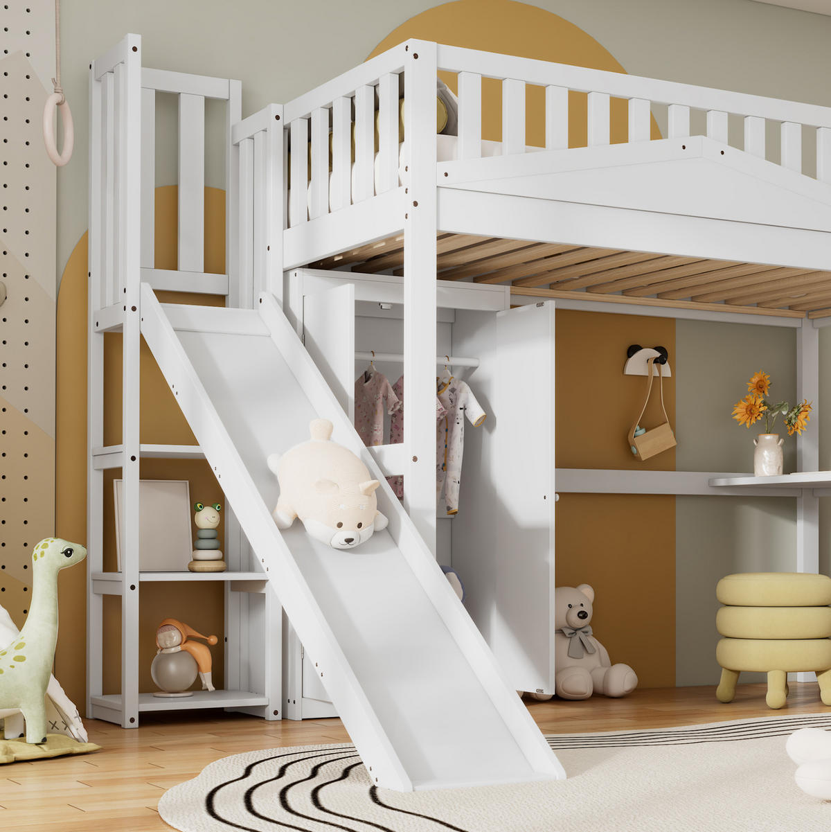 HOCHBETT 90/200 cm in Weiß mit Rutsche, Tisch und Kleiderschrank - Weiß, Holzwerkstoff (90/200cm) - Flora Grace