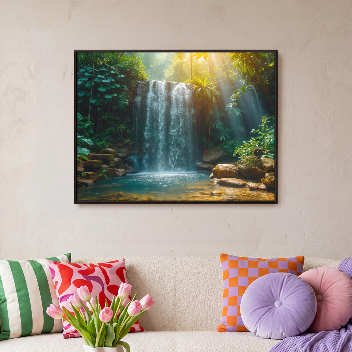 LEINWAND Bilder mit Rahmen - Wasserfall - Dschungel - Sonne - Grün - Natur - 80x60 - Grün, Textil (80/60cm) - MuchoWow