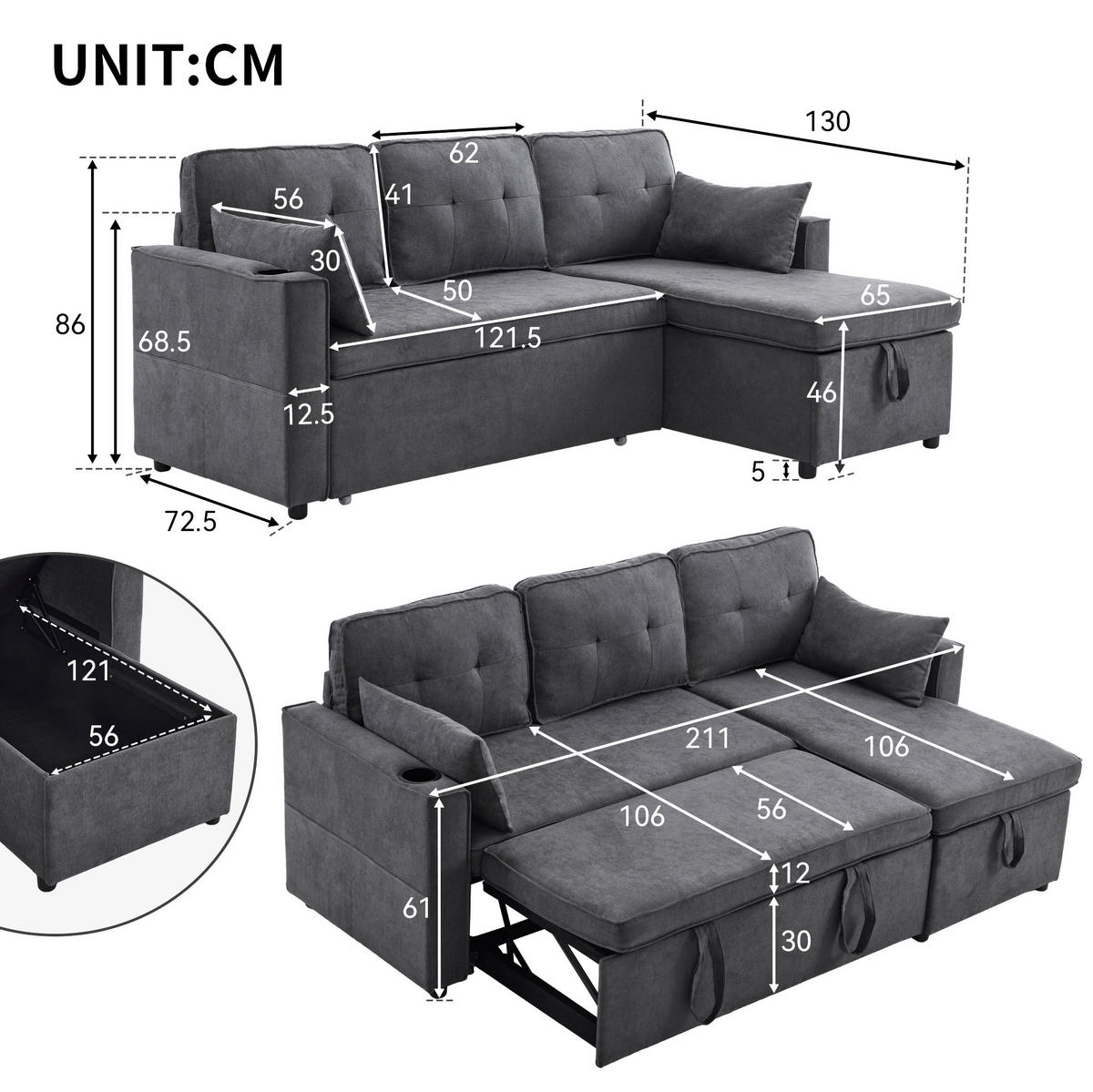 SCHLAFSOFA aus Baumwoll-Leinenstoff 211x130x86 cm Grau mit Stauraum, wechselbarer Chaiselongue und Getränkehaltern - Grau, Textil (211/86/129.5cm) - Modfu
