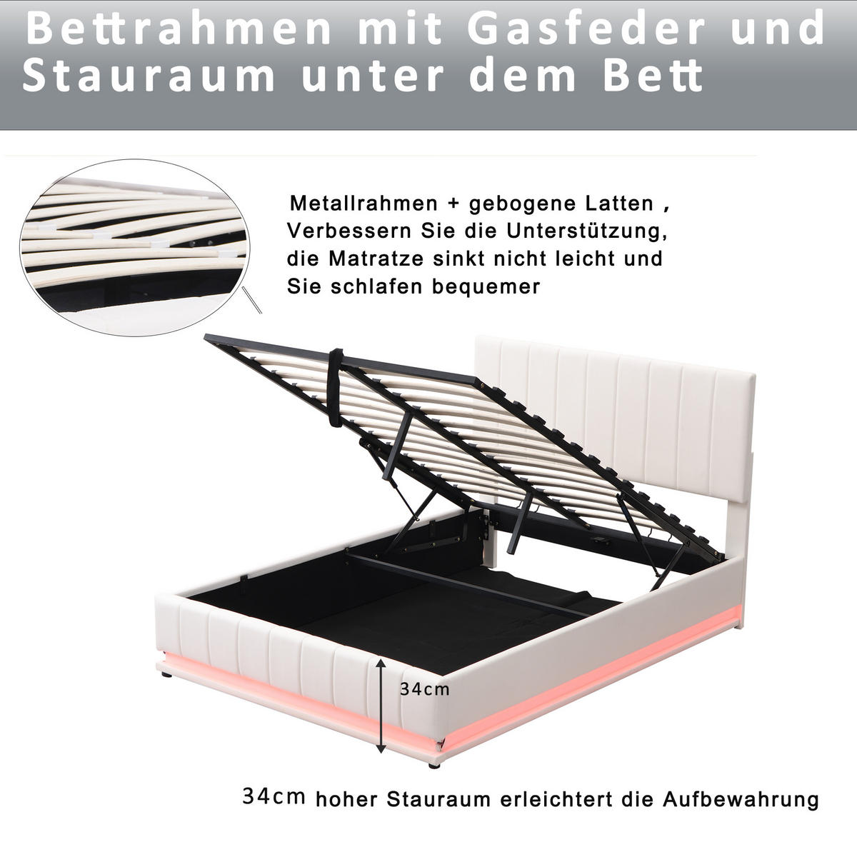 POLSTERBETT 140x200 LED Stauraum Kopfteil Lattenrost Weiß - Weiß, Holzwerkstoff - FLIEKS