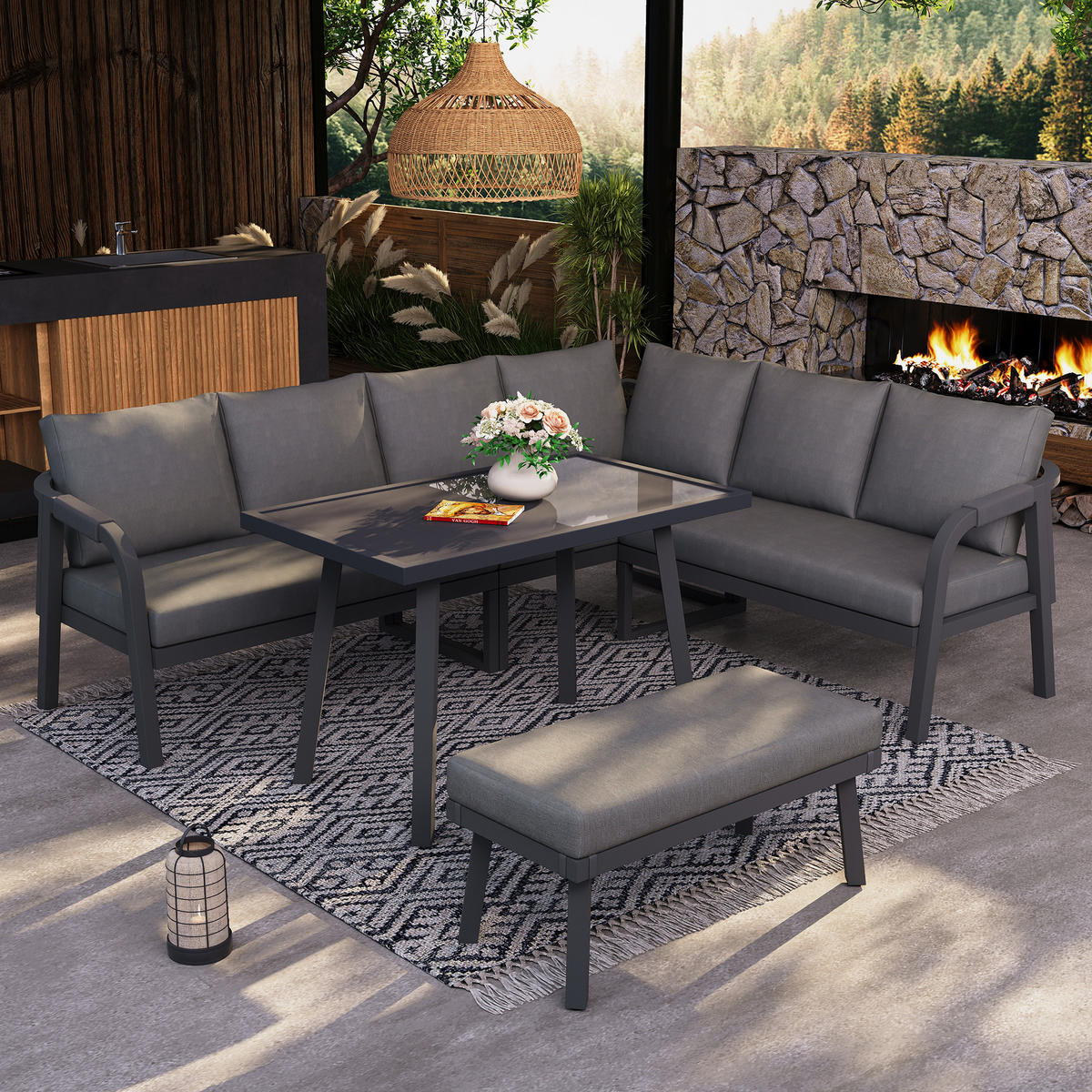 GARTEN-ESSGRUPPE 8 Personen Ecksofa Esstisch Bank Stahl Grau - Grau, Textil - FLIEKS