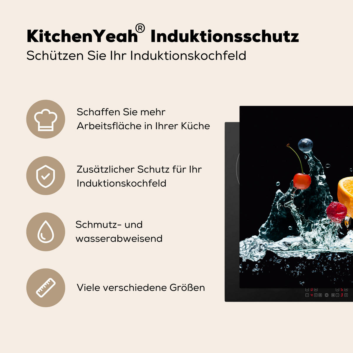HERDABDECKPLATTE Wasser - Obst - Orange - Erdbeere - Kirsche - Schwarz 70x52 cm - Orange, Kunststoff (70/0.2/52cm) - MuchoWow