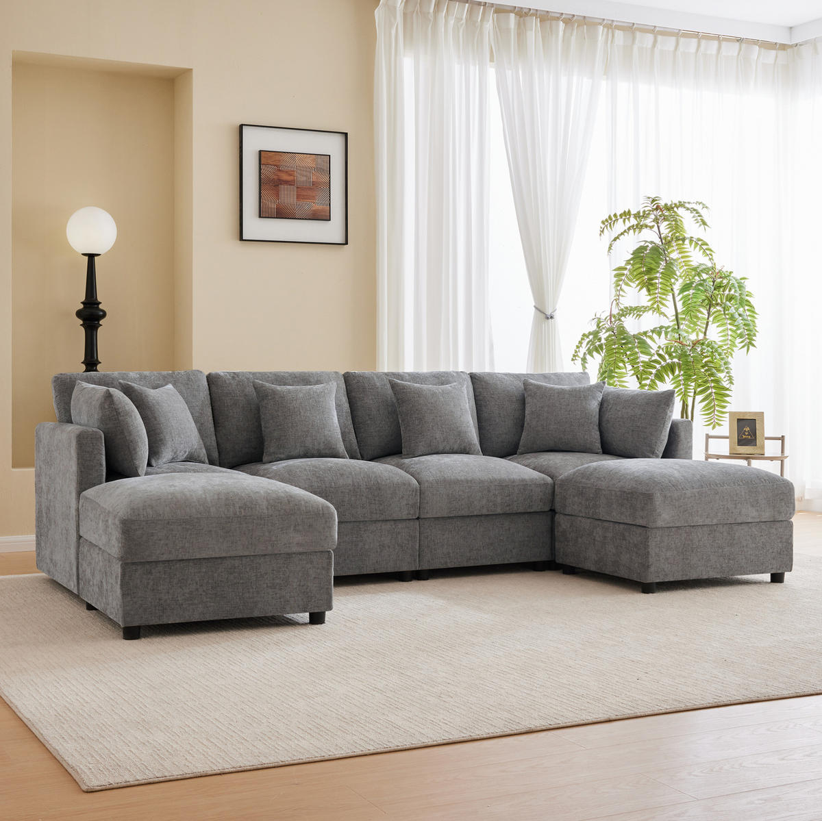 MODULARES Ecksofa 284/156,5/86 cm aus Chenille mit verstellbaren Armlehnen Grau - Grau, Textil (156.5/284cm) - Modenvie