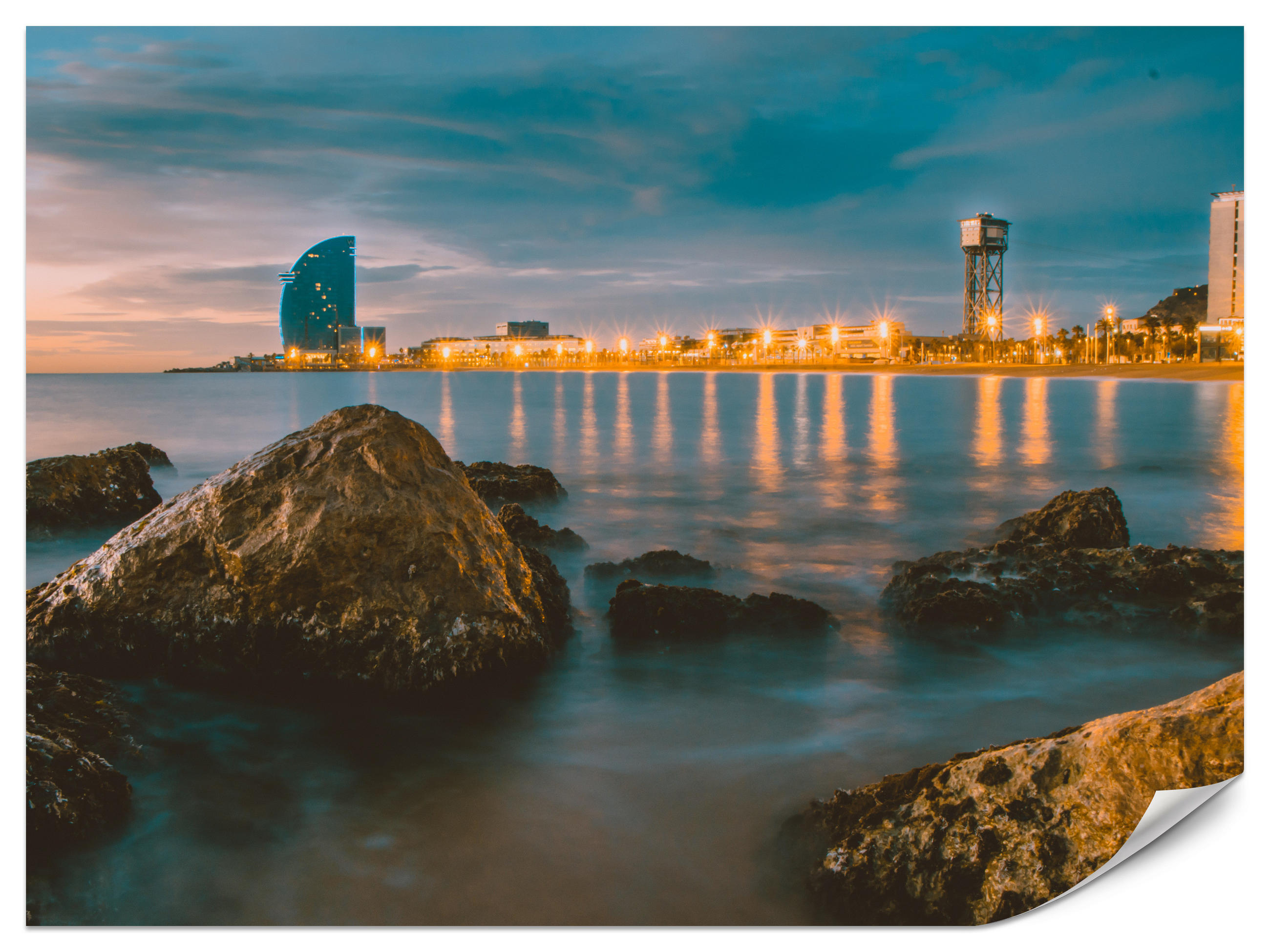 FOTOTAPETE für Wohnzimmer Barcelona Küste Nacht Meer Felsen 500x350 - Blau, Papier (500/350cm) - Muralo