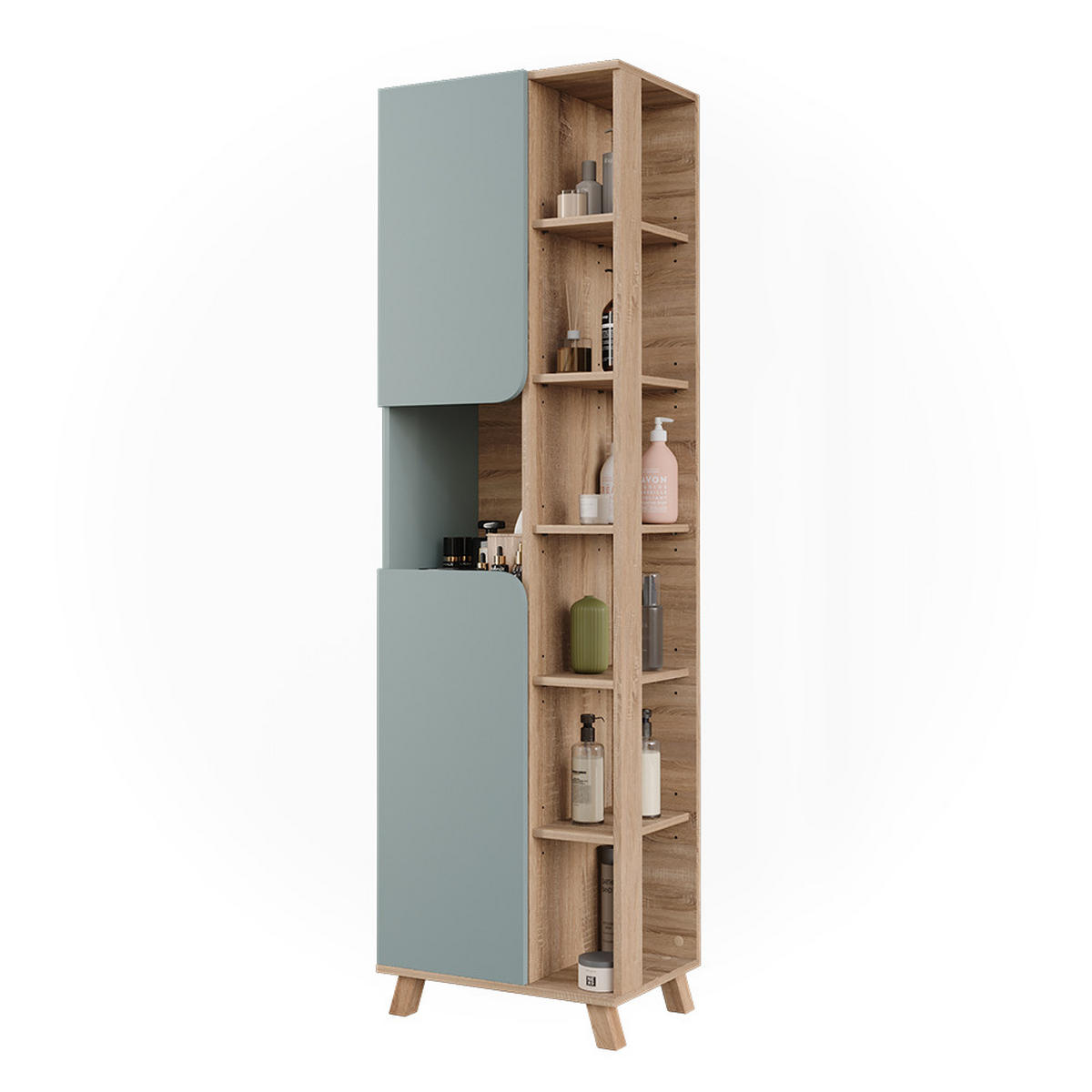 BADSCHRANK Karen Sonoma/Blau 50 x 175 cm mit 2 Türen - Dunkelblau/Sonoma Eiche, Holzwerkstoff (50/175/35cm) - Vicco