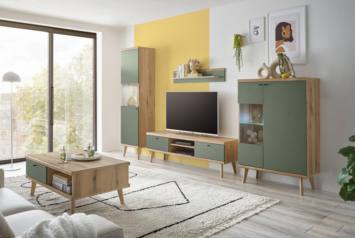 WOHNWAND 3-teilig salbei grün, Eiche Evoke, skandinavisch 277 cm, Schrankwand mit Highboard - Salbeigrün/Eichefarben, Eichenholz/Holz (277/160/40cm) - Furn.Design