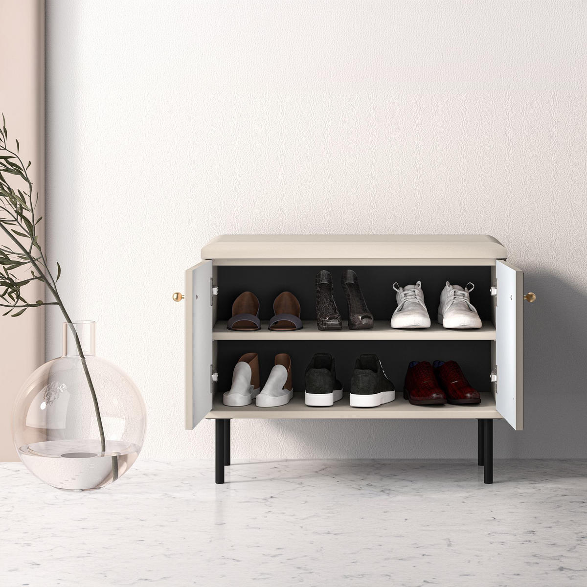 SCHUHSCHRANK Sitzender DROMA,Creme - Creme/Schwarz, Holzwerkstoff (68/55/34cm) - KONSIMO®