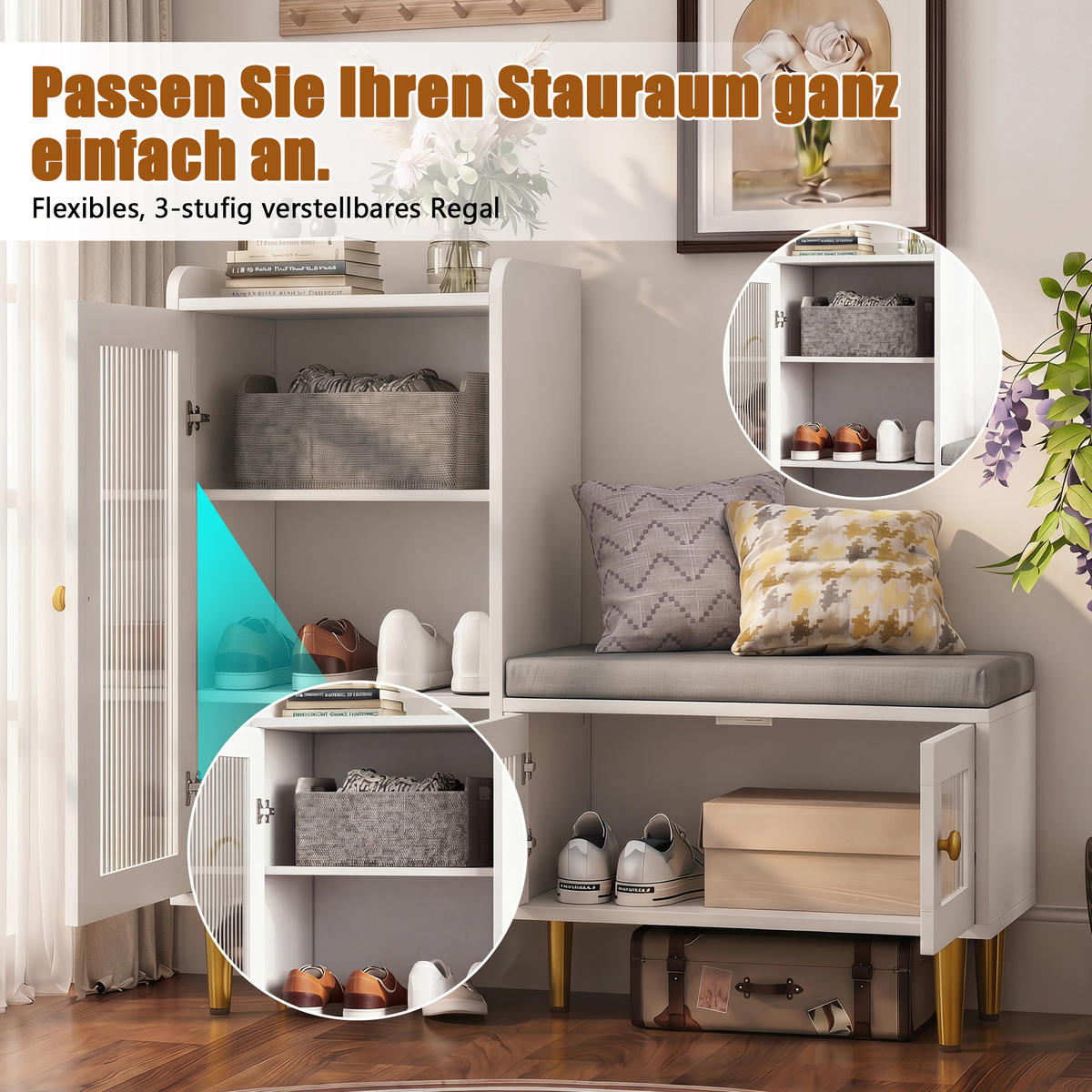 SCHUHSCHRANK mit Sitzbank, 3 Türen, verstellbare Einlegeböden, 100 x 35 x 90 cm, weiß - Weiß, Holz/Metall (35/90/100cm) - GENKI LIVING