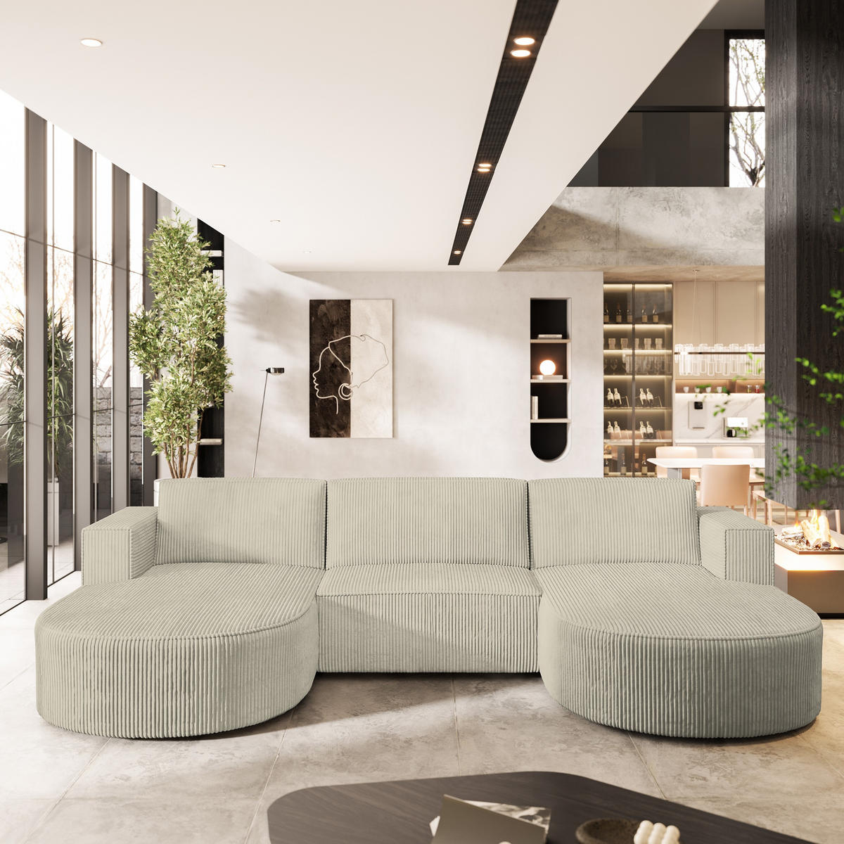 ROHOVÁ SEDAČKA VEZZO krémová - šedá/krémová, dřevo/textil (347/174cm) - MASSENO