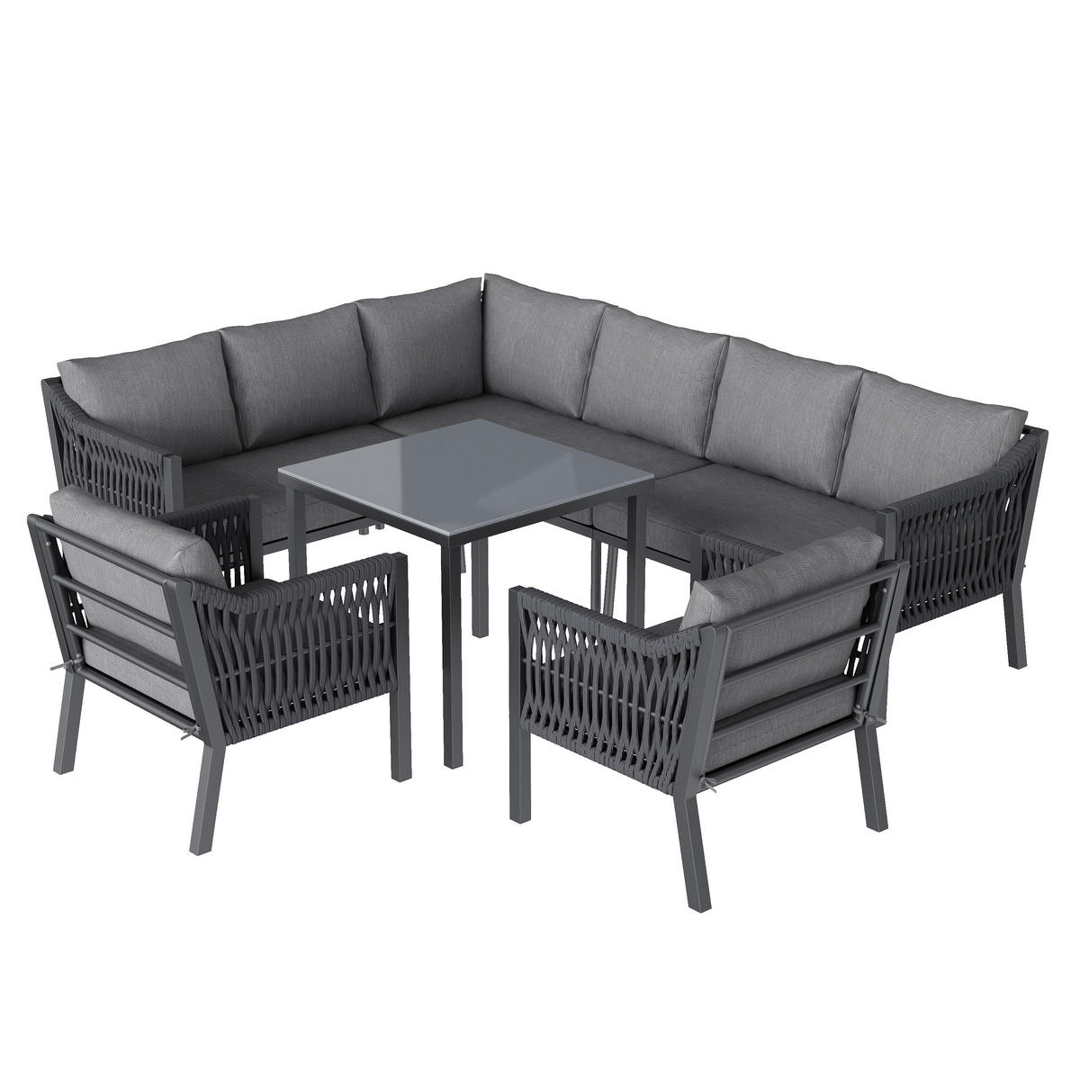 LOUNGEGARNITUR 4-teiliges Set Garten-Essgruppe ECKSTELLUNG HANDGEWEBTES SEIL Grau Terrassenmöbel 243,5/80/186 cm - Grau, Metall - Rolipo
