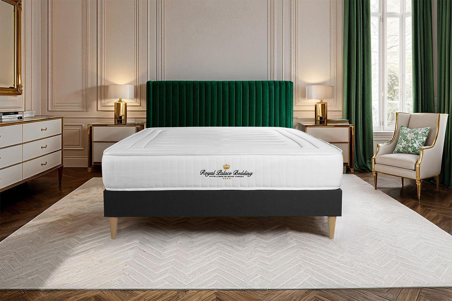 BETT Lancaster Taschenfederkern und Memory-Schaum 180 x 220 cm h3 - Kit Bettgestell Schwarz - Beige/Schwarz, Holz (180/220cm) - ROYAL PALACE BEDDING