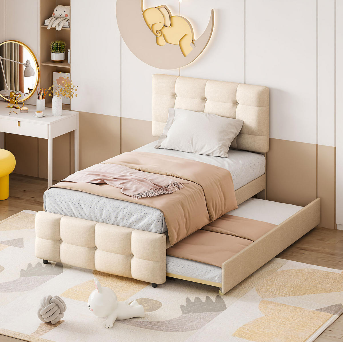 POLSTERBETT 90/200 cm Beige mit Polsterbett und verstellbarem Kopfteil - Beige, Textil (90/200cm) - Flora Grace
