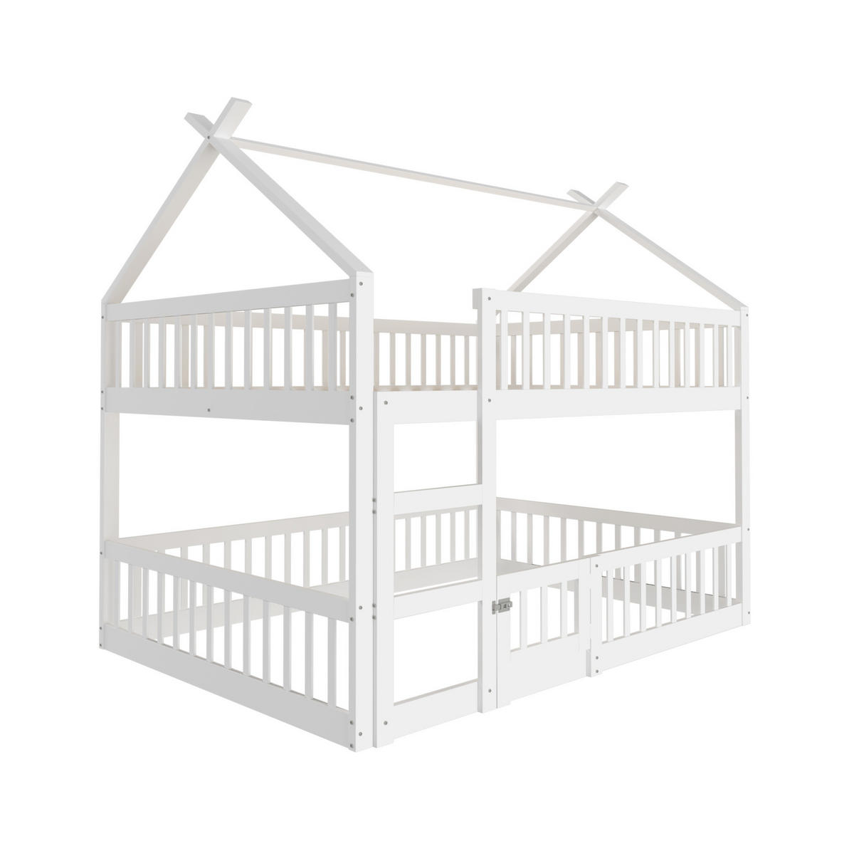 HAUSBETT 140/200 cm aus Holz mit Treppe und Sicherheitsumrandung in Weiß - Weiß, Holz (140/200cm) - BEAOK