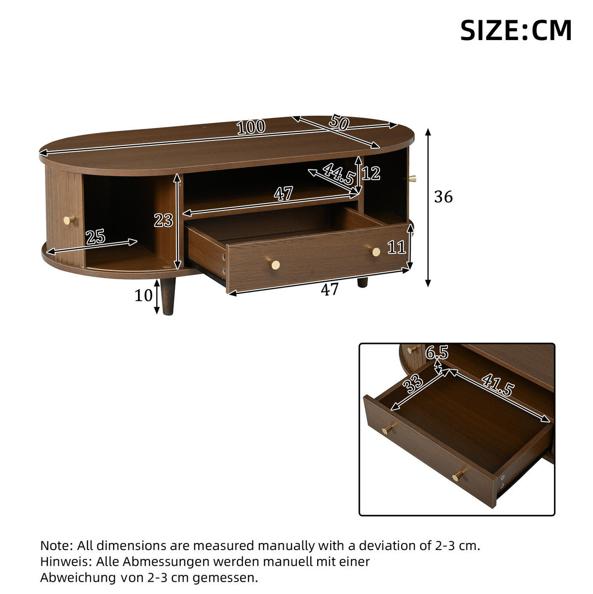 COUCHTISCH aus MDF 100x50x36 cm Walnussholz mit Schublade, offenen Fächern und Rolltür - Walnussfarben, Holzwerkstoff (100/50/36cm) - IVMEU