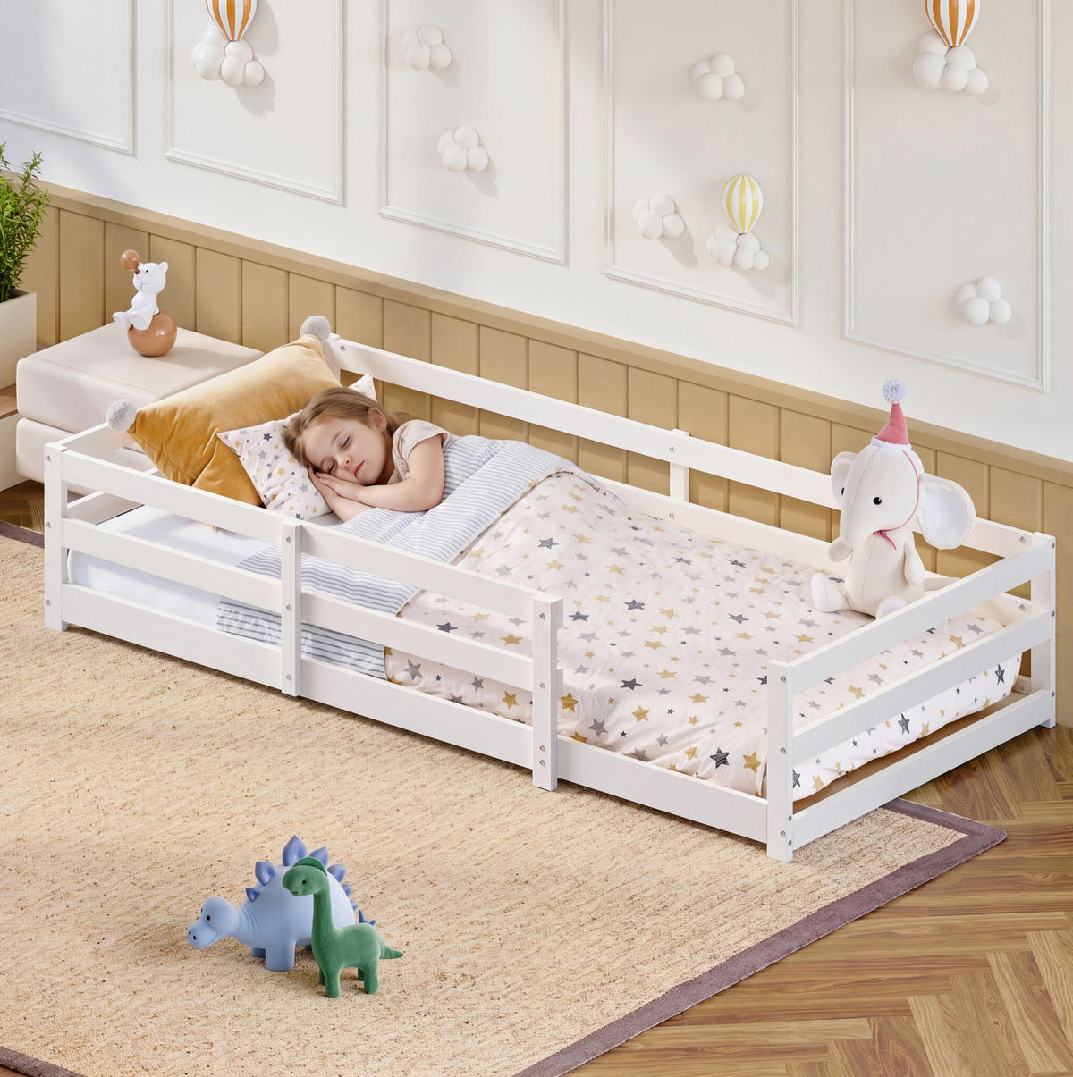 KINDERBETT 90/200 cm weiß aus Kiefer massiv mit Schutzgitter - Weiß, Holzwerkstoff (90/200cm) - OKWISH